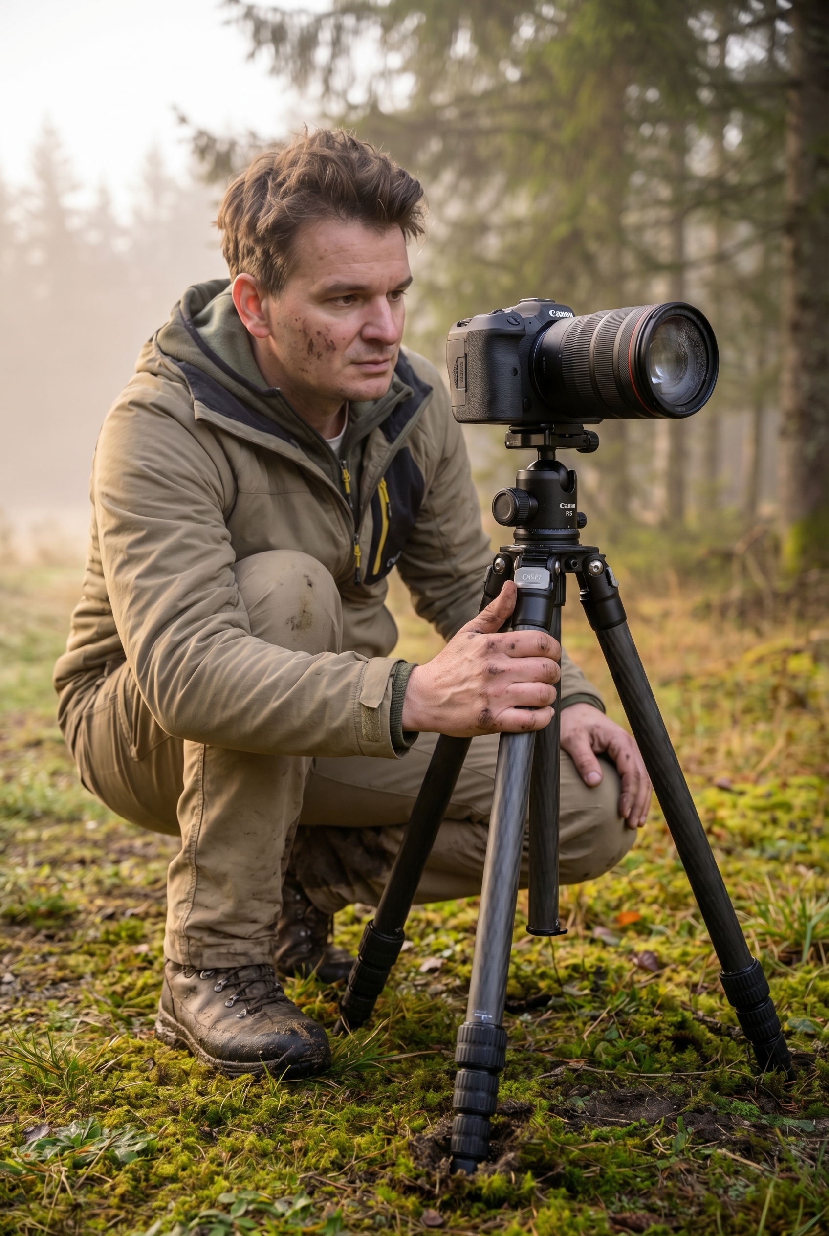 Réussir le bracketing photo : le guide complet 28 Photographe naturaliste installant son trépied en forêt à l'aube pour réaliser un bracketing photo parfait.
