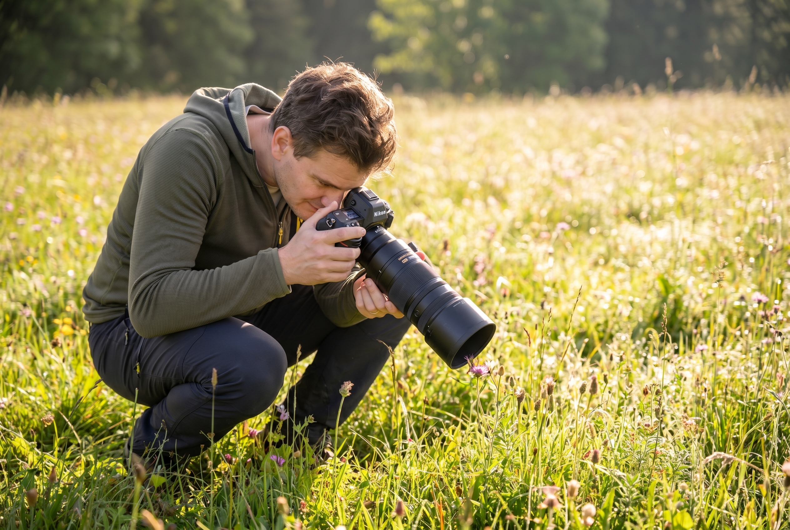 Photographe naturaliste accroupi dans une prairie avec un téléobjectif pour apprendre à photographier les papillons avec une mise au point nette.