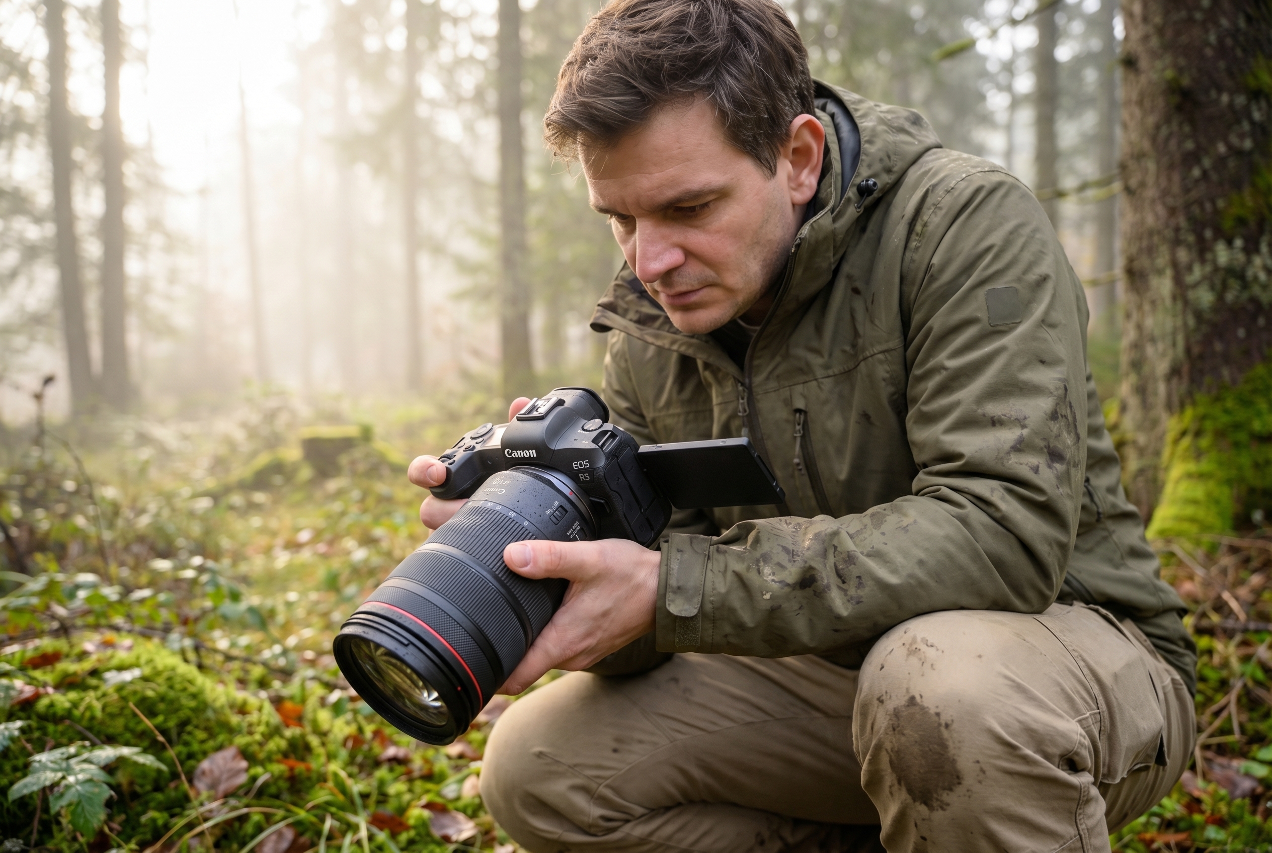 Sensibilité ISO : tout comprendre pour des photos sans bruit 18 Photographe animalier vérifiant la sensibilité ISO sur son écran d'appareil photo dans une forêt sombre et brumeuse.