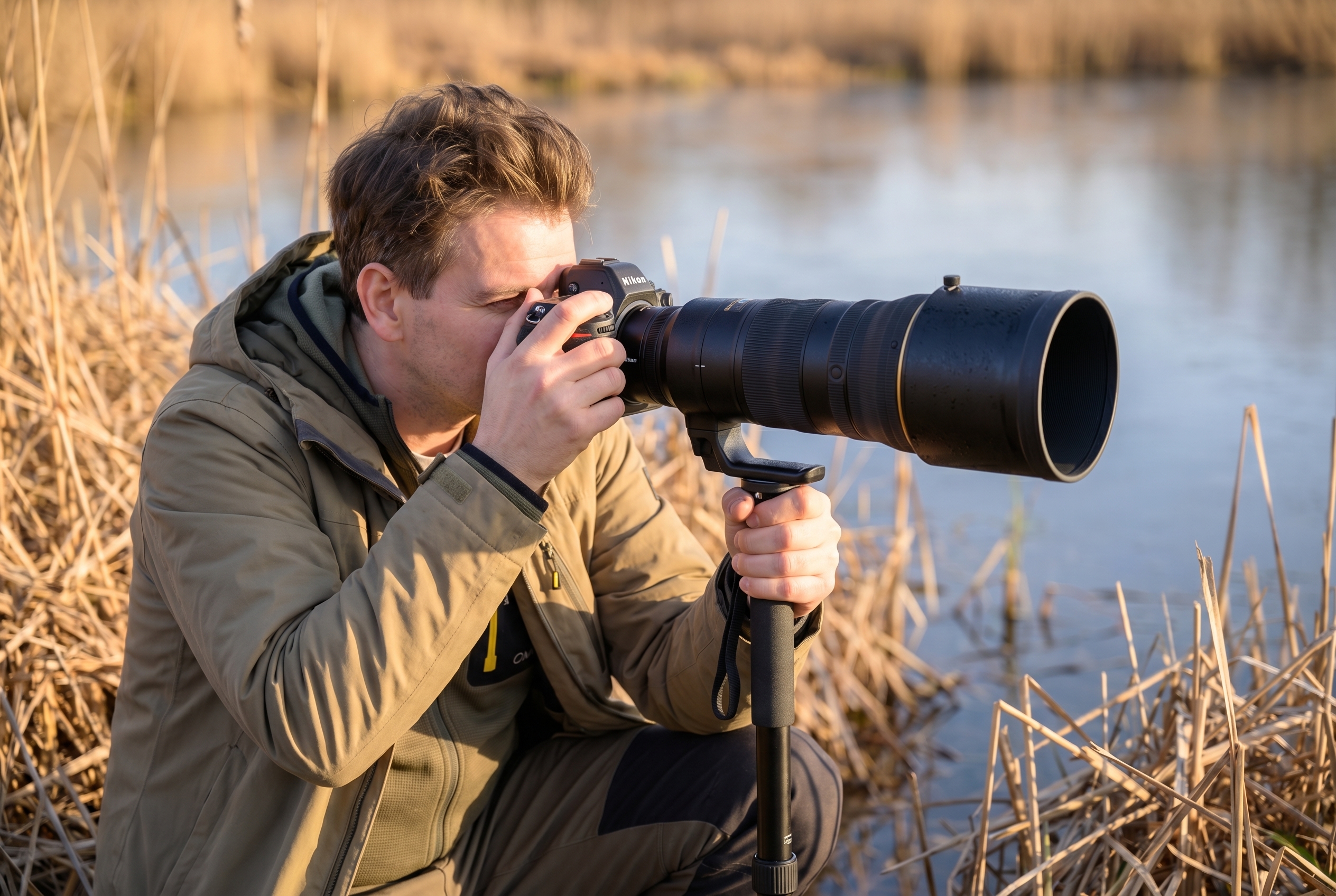 Un photographe animalier accroupi dans les roseaux avec un téléobjectif pour apprendre à photographier la nature à l'aube.