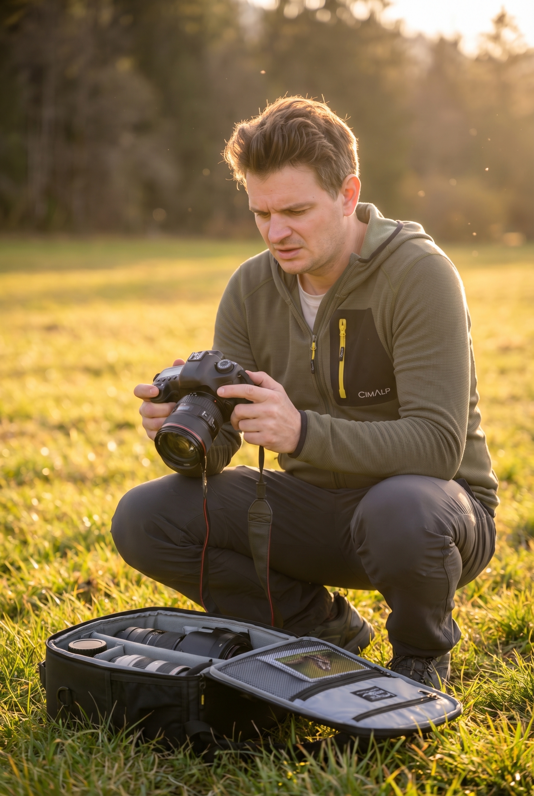 Profondeur de champ : le secret des bokeh incroyables 22 Photographe animalier frustré vérifiant ses réglages de profondeur de champ et de flou d'arrière-plan sur l'écran de son appareil photo au coucher du soleil