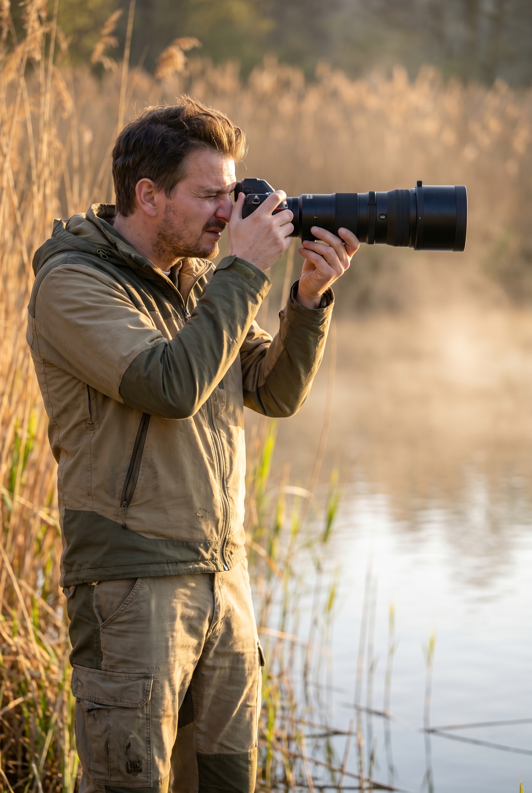 Photographe naturaliste utilisant un appareil photo bridge à l'aube dans les roseaux, illustrant le dilemme entre appareil photo ou smartphone pour la faune.
