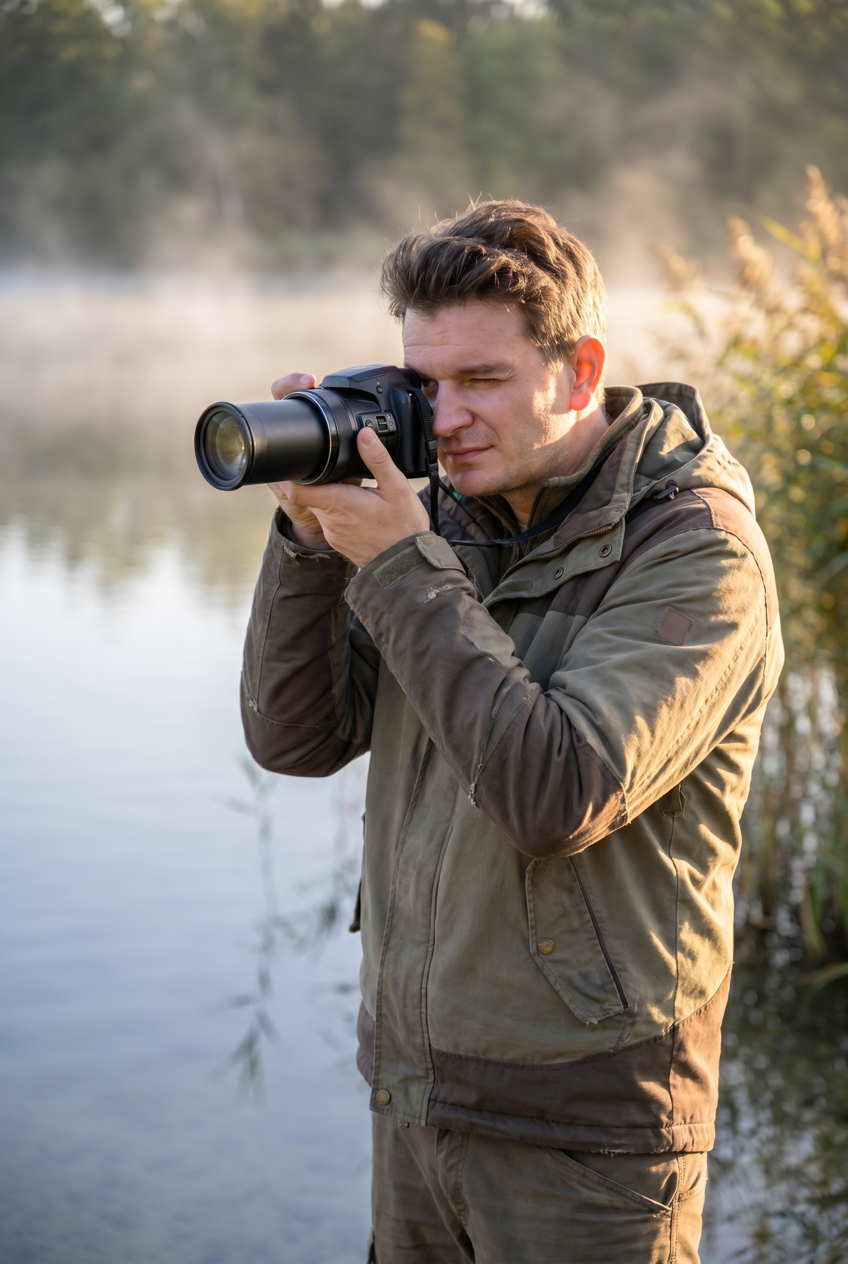 Un photographe naturaliste utilise un appareil photo bridge au bord d'un lac à l'aube pour illustrer le dilemme appareil photo ou smartphone.
