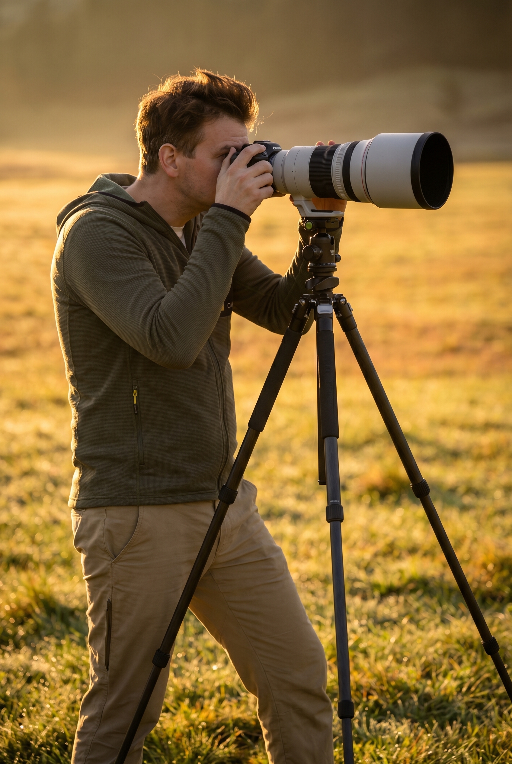 Photographe naturaliste avec trépied et téléobjectif dans une prairie au coucher du soleil pour apprendre la photo sans mode automatique.