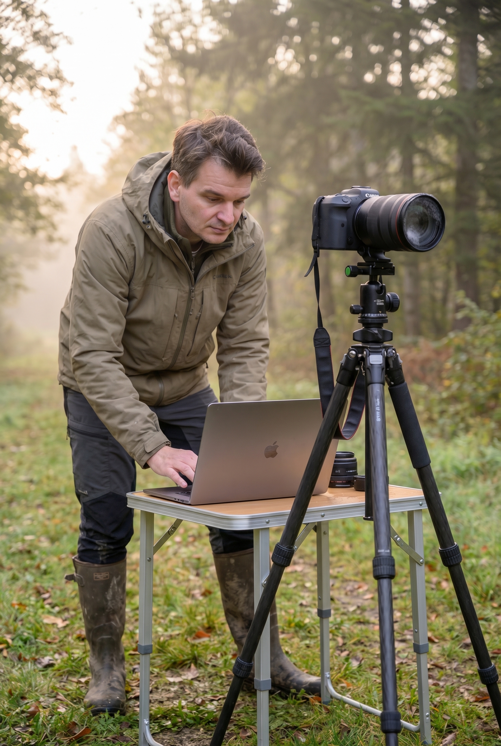 Réussir le bracketing photo : le guide complet 15 Photographe naturaliste utilisant le bracketing photo pour capturer un paysage forestier brumeux à l'aube.