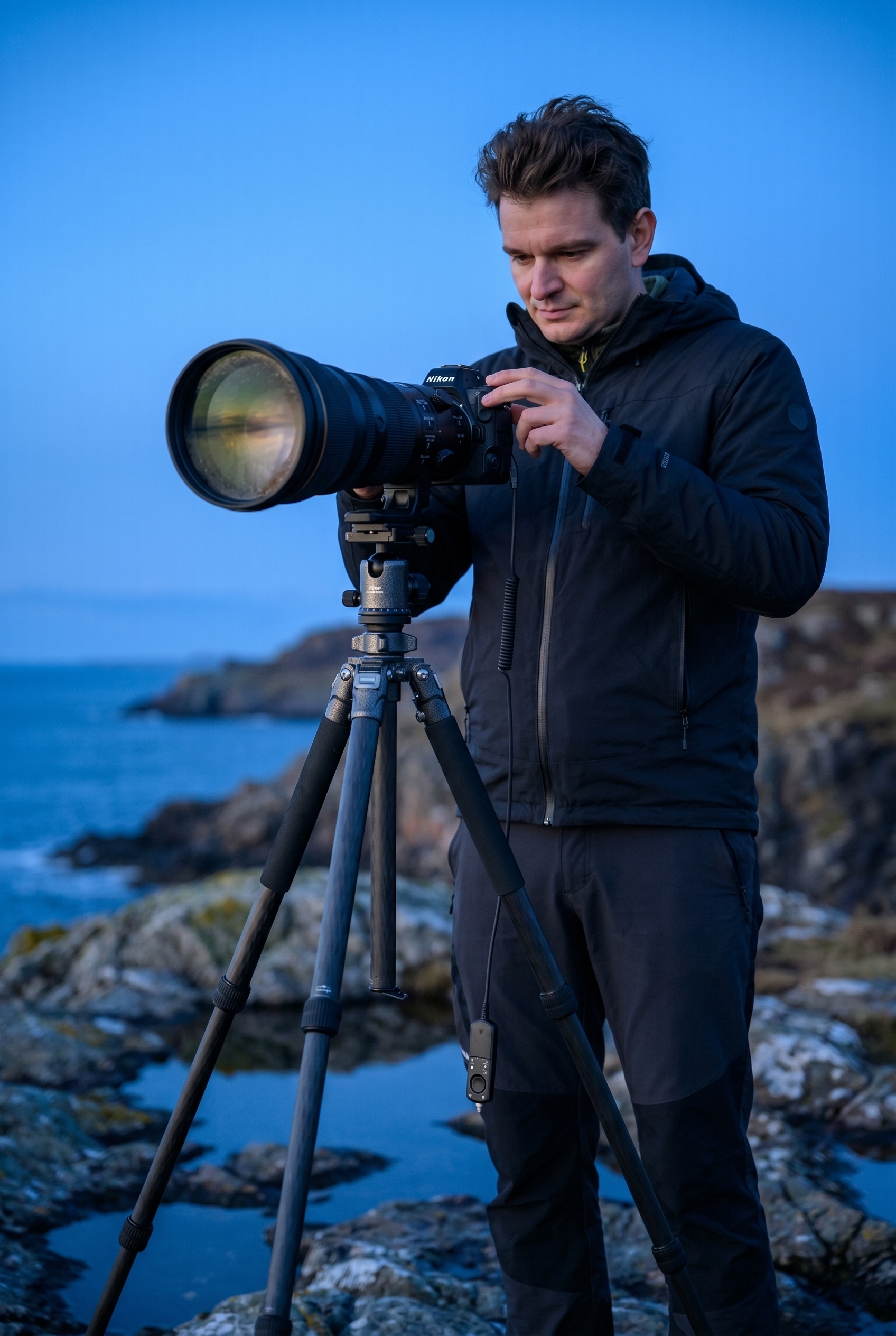 Un photographe naturaliste règle son appareil sur un trépied pour photographier la mer sur une côte rocheuse à l'heure bleue.