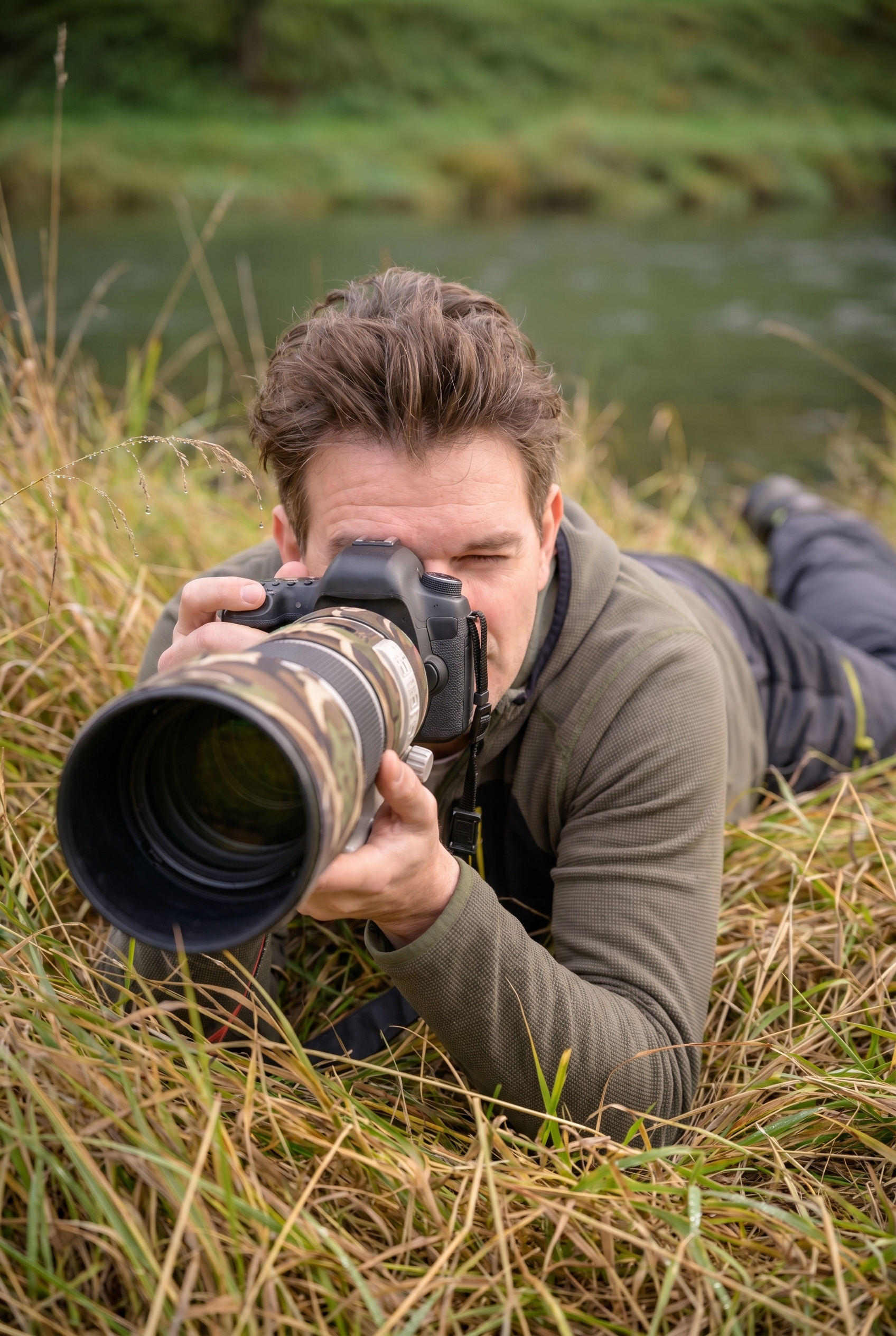 Photographe animalier allongé dans l'herbe avec un téléobjectif, hésitant entre un boîtier Canon ou Nikon pour débuter.