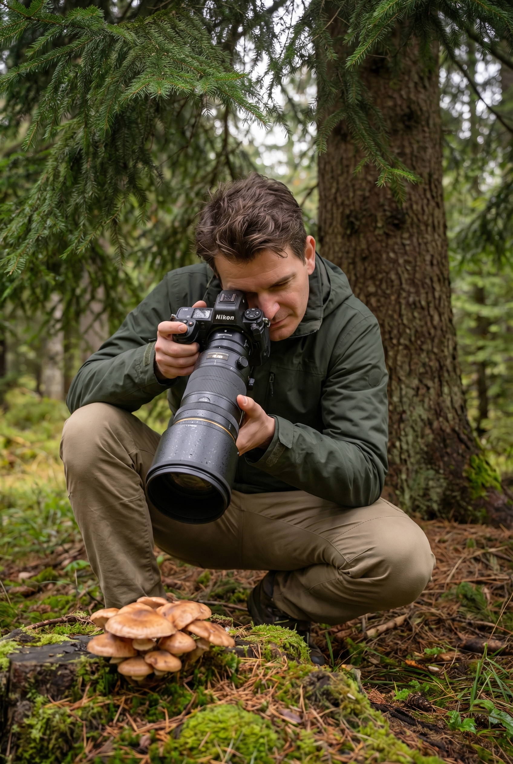 Un photographe de nature accroupi sous un pin en forêt utilisant un objectif macro pour photographier des champignons sur une souche moussue.