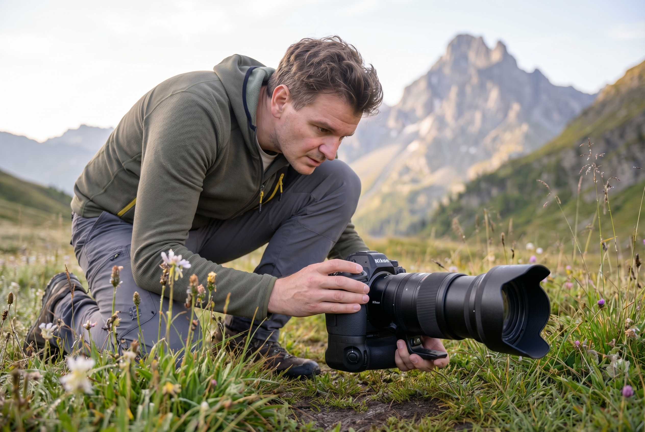 Un photographe naturaliste accroupi dans une prairie alpine au lever du soleil pour photographier la nature au ras du sol.