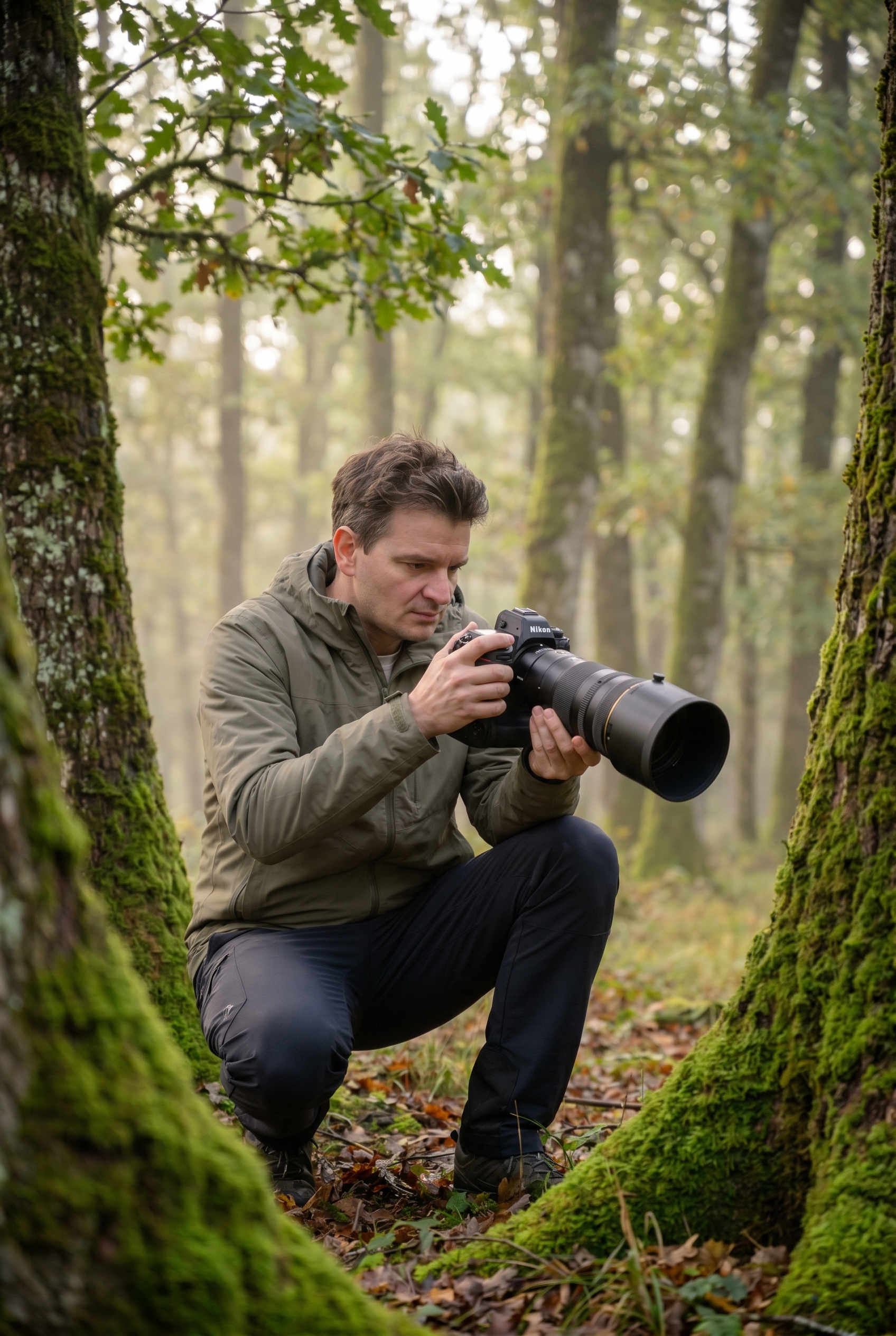 Réussir l'effet orton : le secret pour des photos de nature féeriques 23 Photographe animalier accroupi en forêt brumeuse vérifiant ses clichés sur son boîtier Nikon pour obtenir un effet Orton.