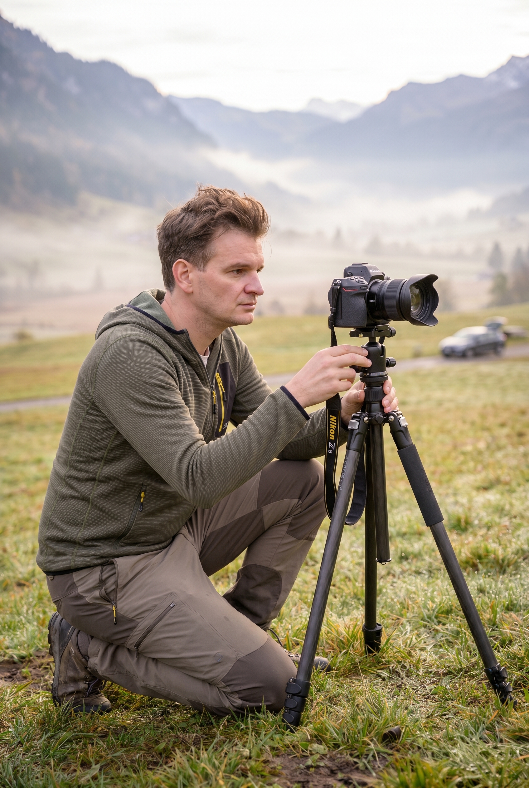 Comment photographier des paysages : le guide complet 29 Un photographe de nature installe soigneusement son trépied dans une prairie de montagne au lever du soleil pour photographier des paysages.