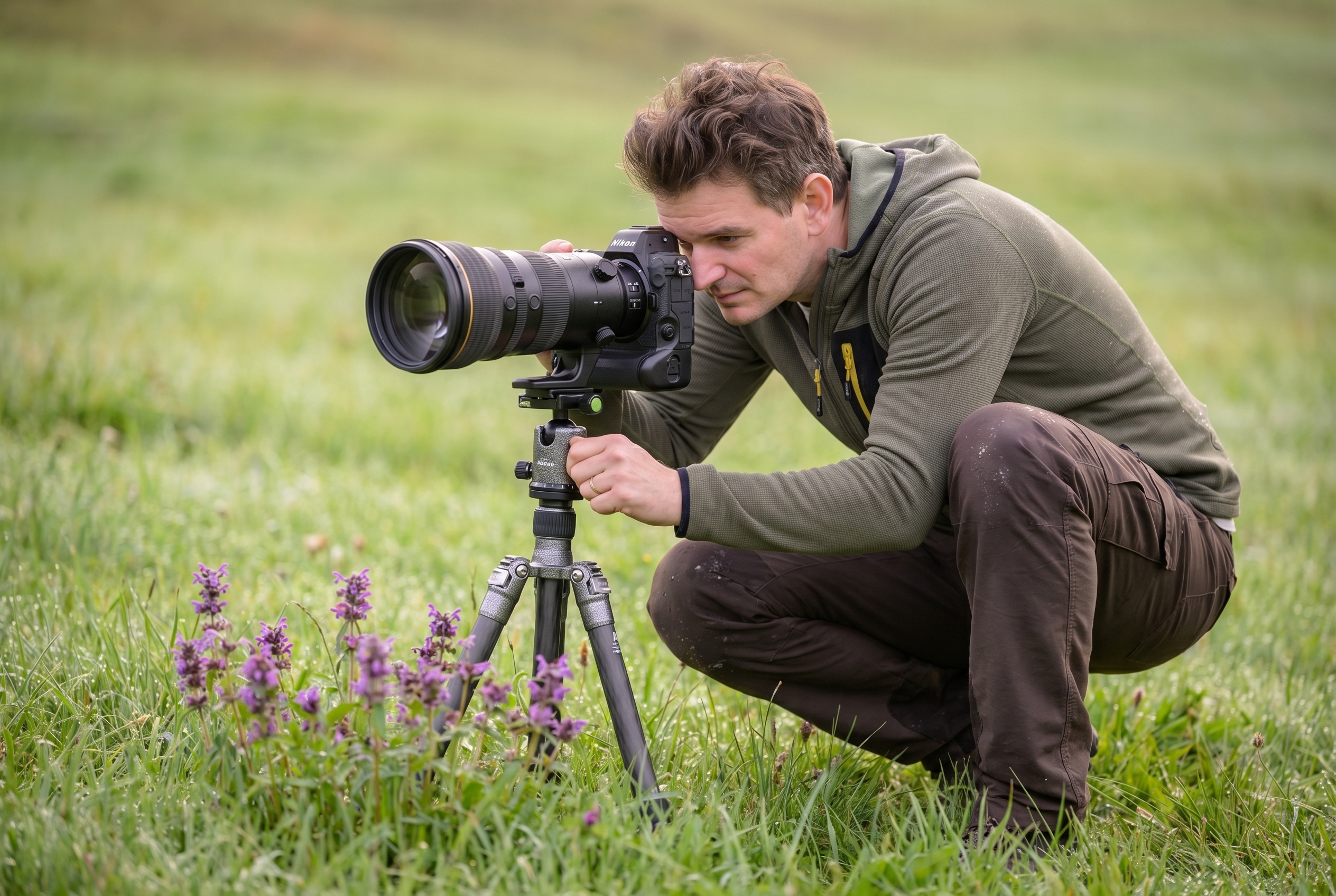 Le focus stacking : comment avoir des photos 100% nettes 16 Photographe naturaliste accroupi dans une prairie réglant son trépied et son appareil photo au ras du sol pour une séance de focus stacking sur des fleurs sauvages.