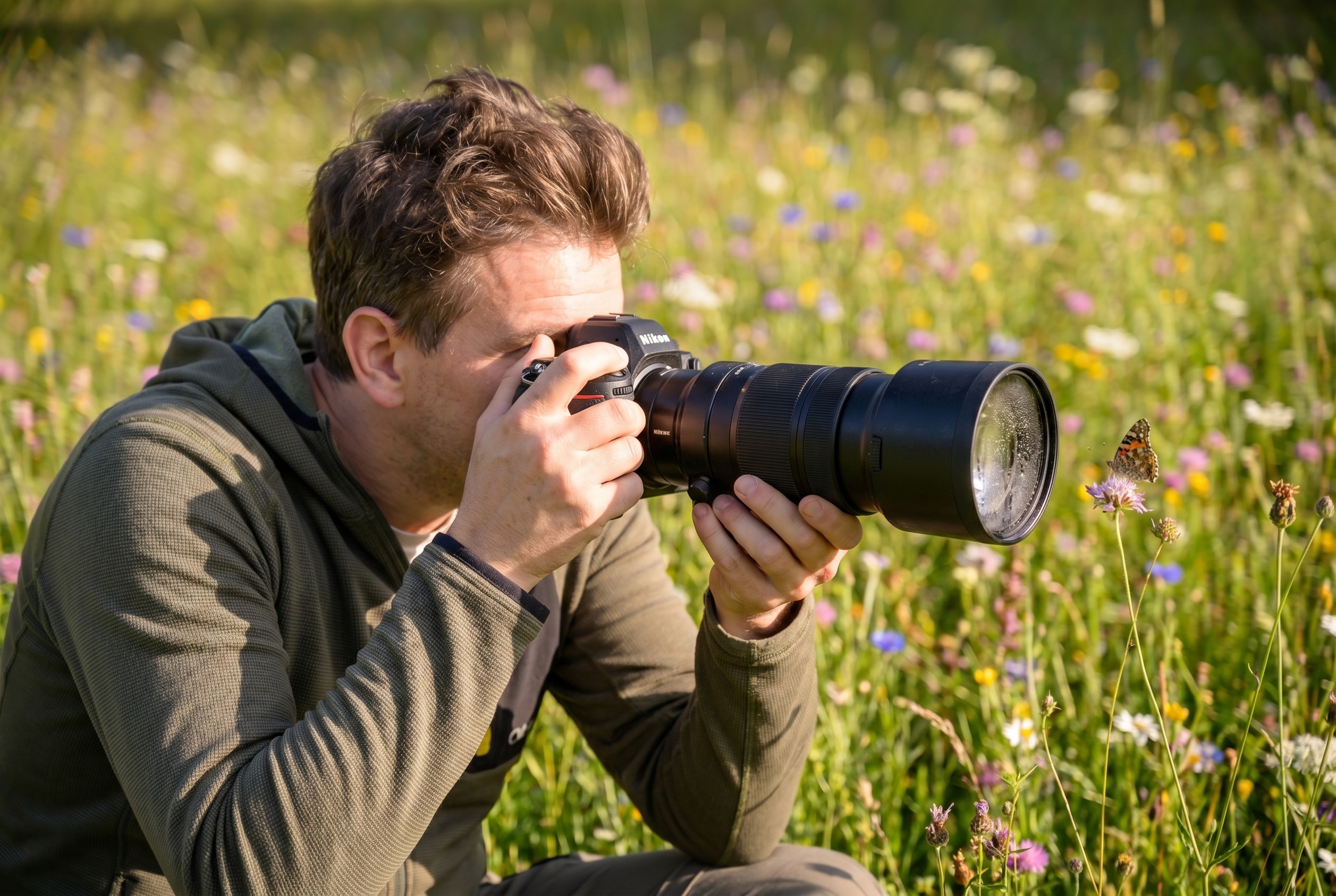 Photographe naturaliste accroupi dans une prairie avec un téléobjectif pour photographier les papillons à la lumière du matin.