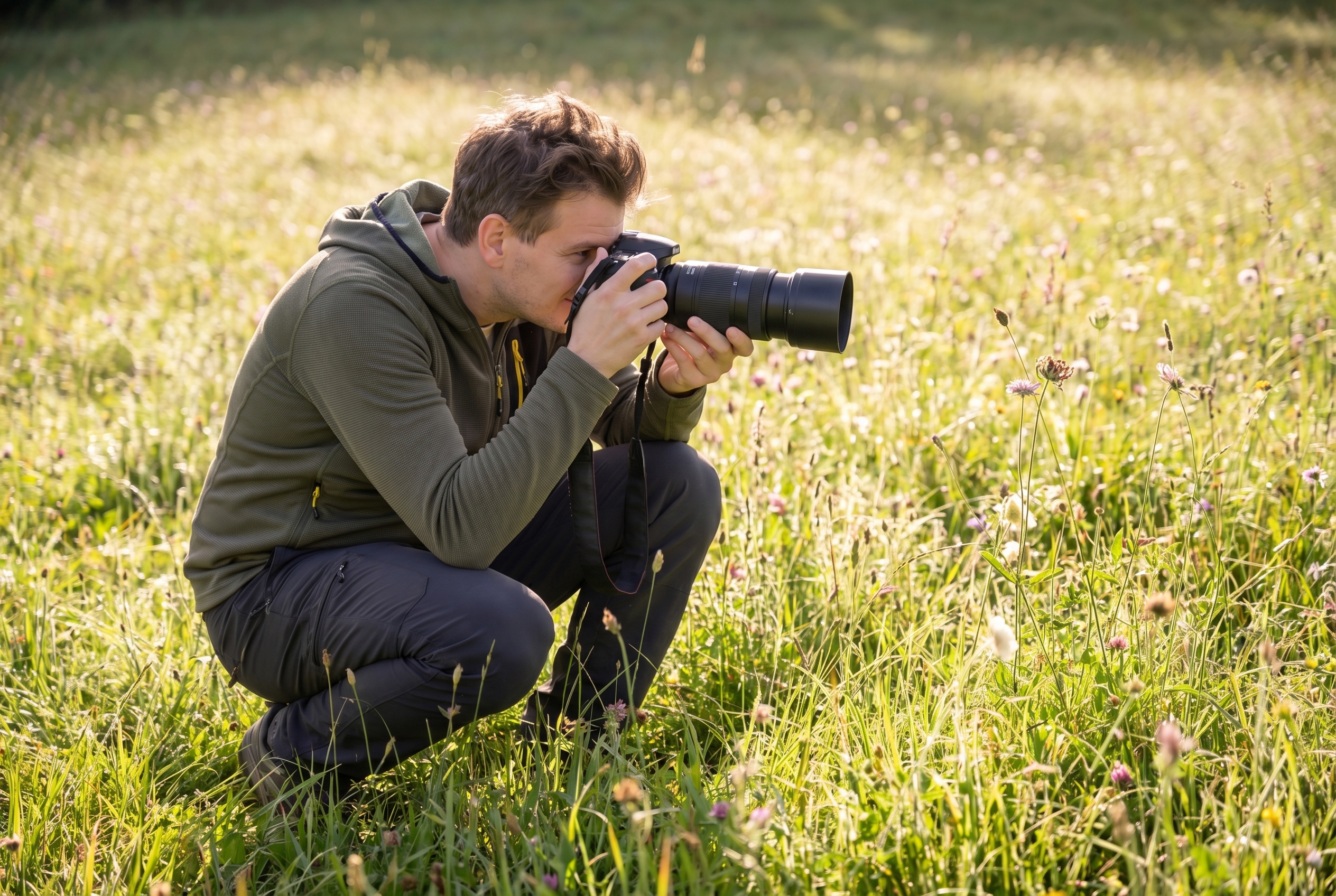 Photographe naturaliste accroupi dans une prairie de fleurs sauvages utilisant un zoom 70-300mm pour faire de la proxiphotographie.