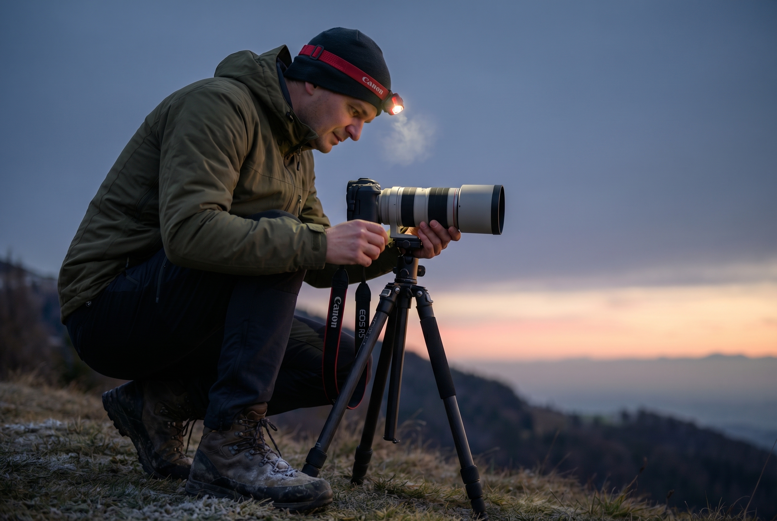 Golden-hour : comment (bien) la photographier 16 Photographe naturaliste installant un trépied et un téléobjectif sur une colline givrée à l'aube pour capturer l'heure dorée.