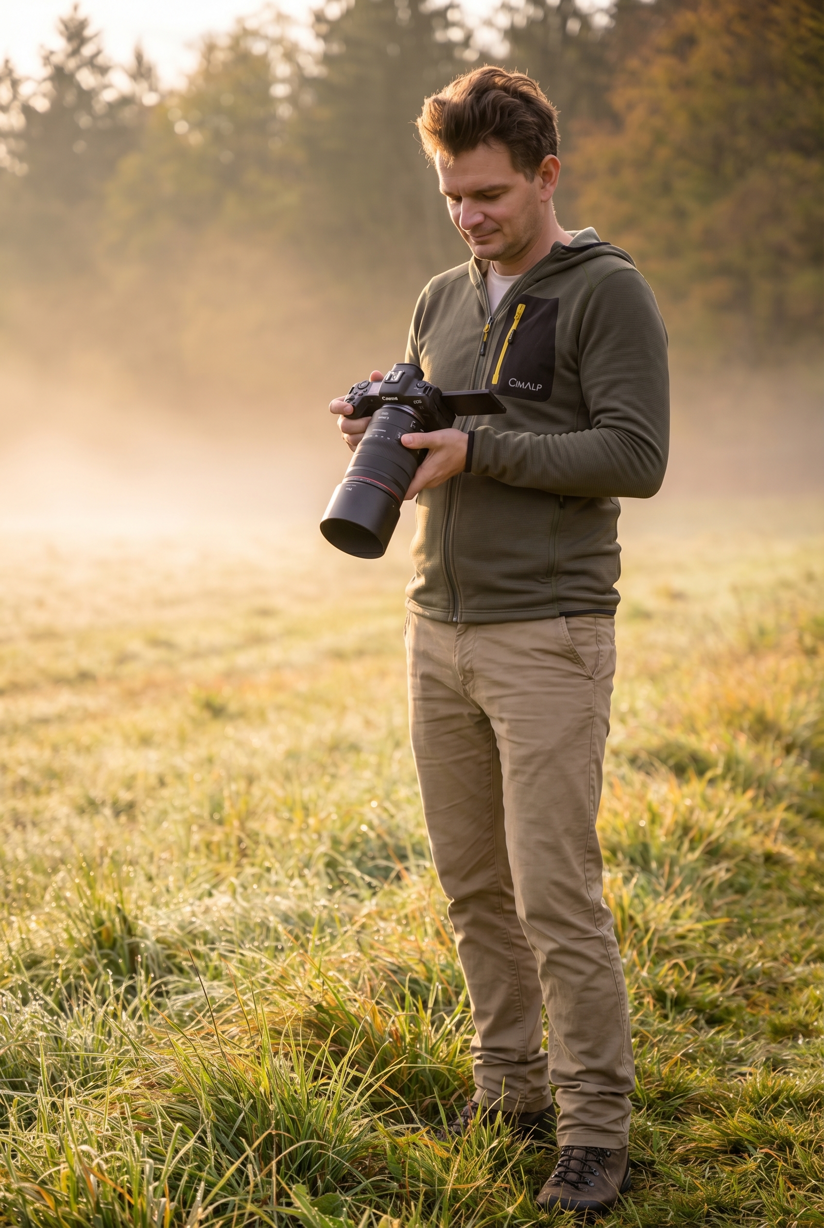 Photographe naturaliste examinant l'écran LCD de son boîtier Canon pour vérifier une prise de vue en double exposition dans une prairie brumeuse à l'heure dorée.