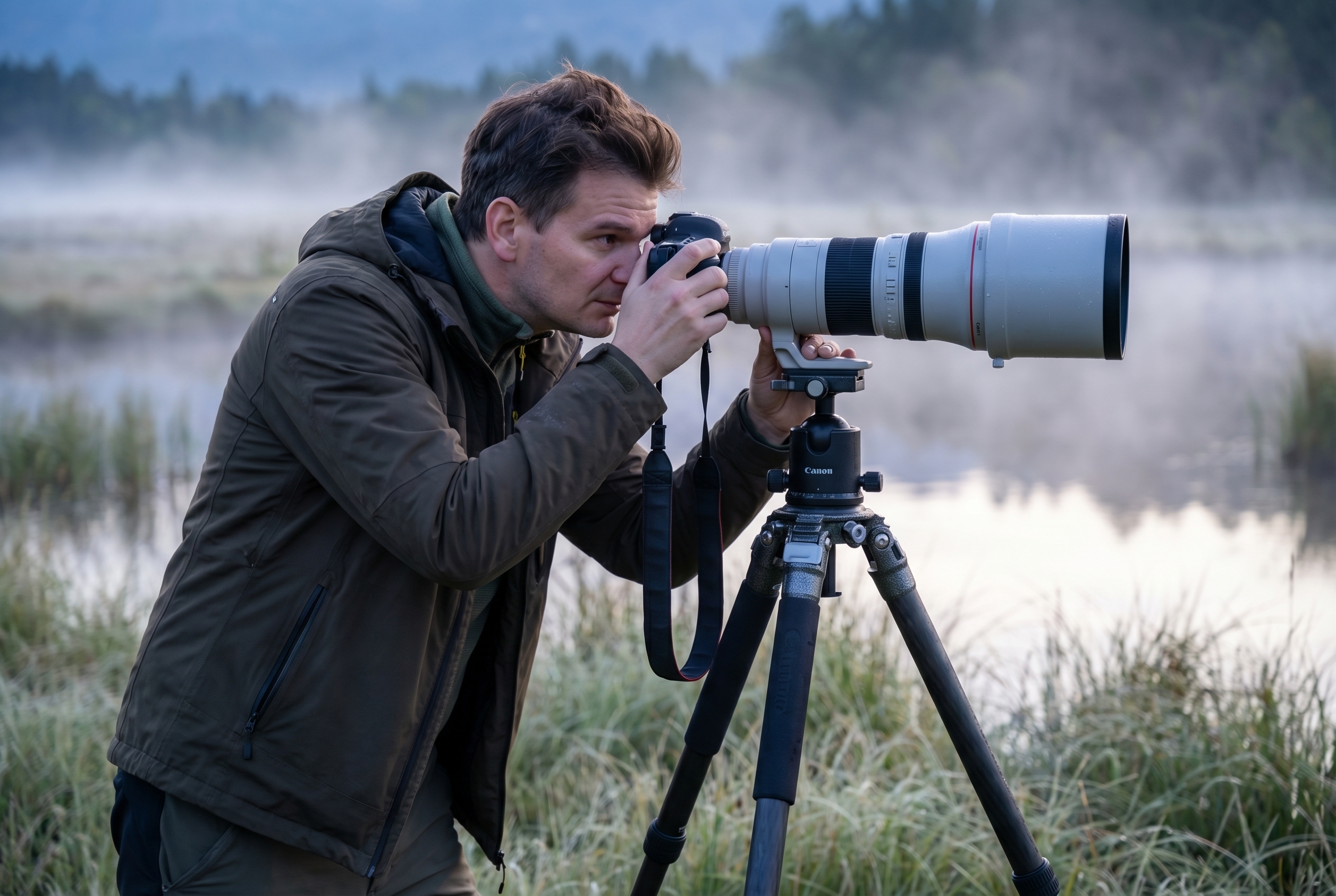 Profondeur de champ : le secret des bokeh incroyables 26 Un photographe animalier règle son boîtier sur trépied à l'aube pour ajuster la profondeur de champ et isoler son sujet dans la brume.