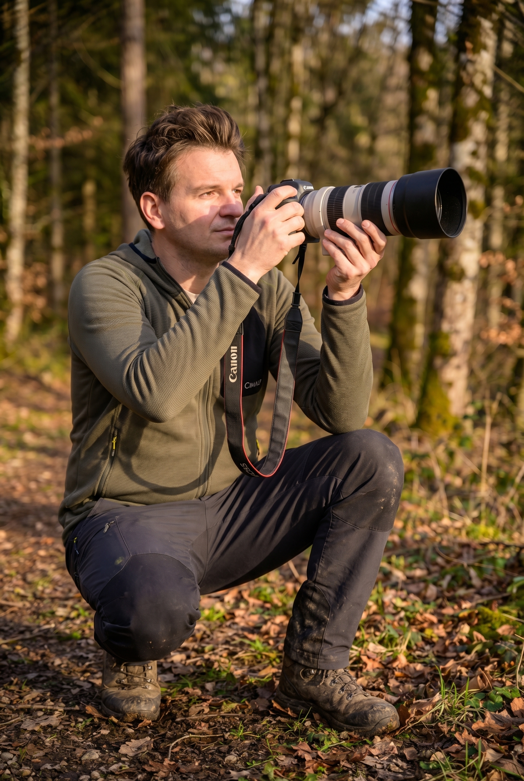 Photographe naturaliste accroupi en forêt ajustant les réglages du triangle d'exposition sur son appareil photo.