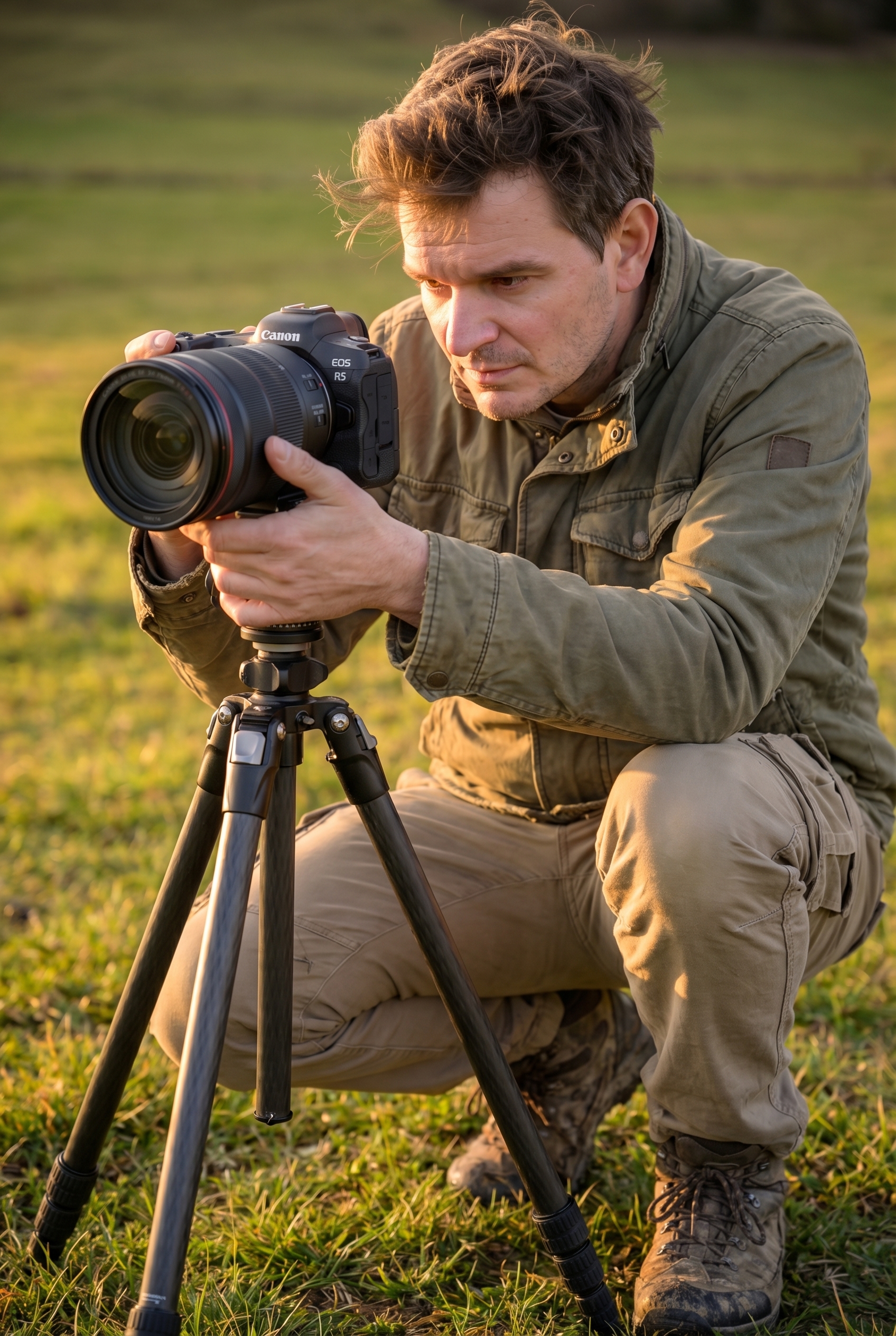 Golden-hour : comment (bien) la photographier 19 Photographe naturaliste accroupi dans une prairie réglant l'ouverture de son objectif Canon pendant l'heure dorée pour capturer la lumière chaude.