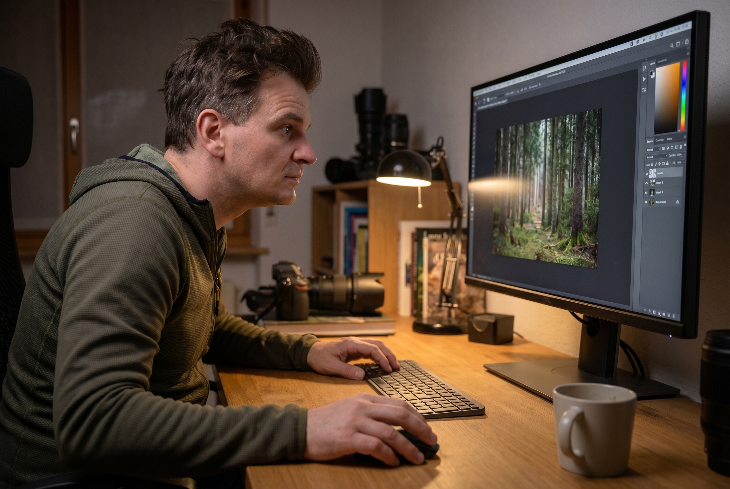 Réussir l'effet orton : le secret pour des photos de nature féeriques 15 Photographe naturaliste devant son ordinateur retouchant une photo de forêt pour appliquer l'effet Orton sur Photoshop.