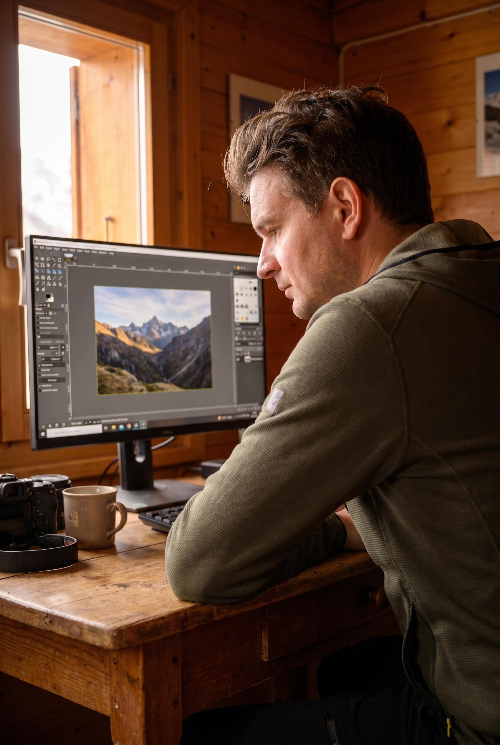 Photographe naturaliste dans une cabane en bois utilisant le logiciel GIMP pour éditer une photo de paysage, illustrant une excellente alternative à Photoshop sans abonnement.