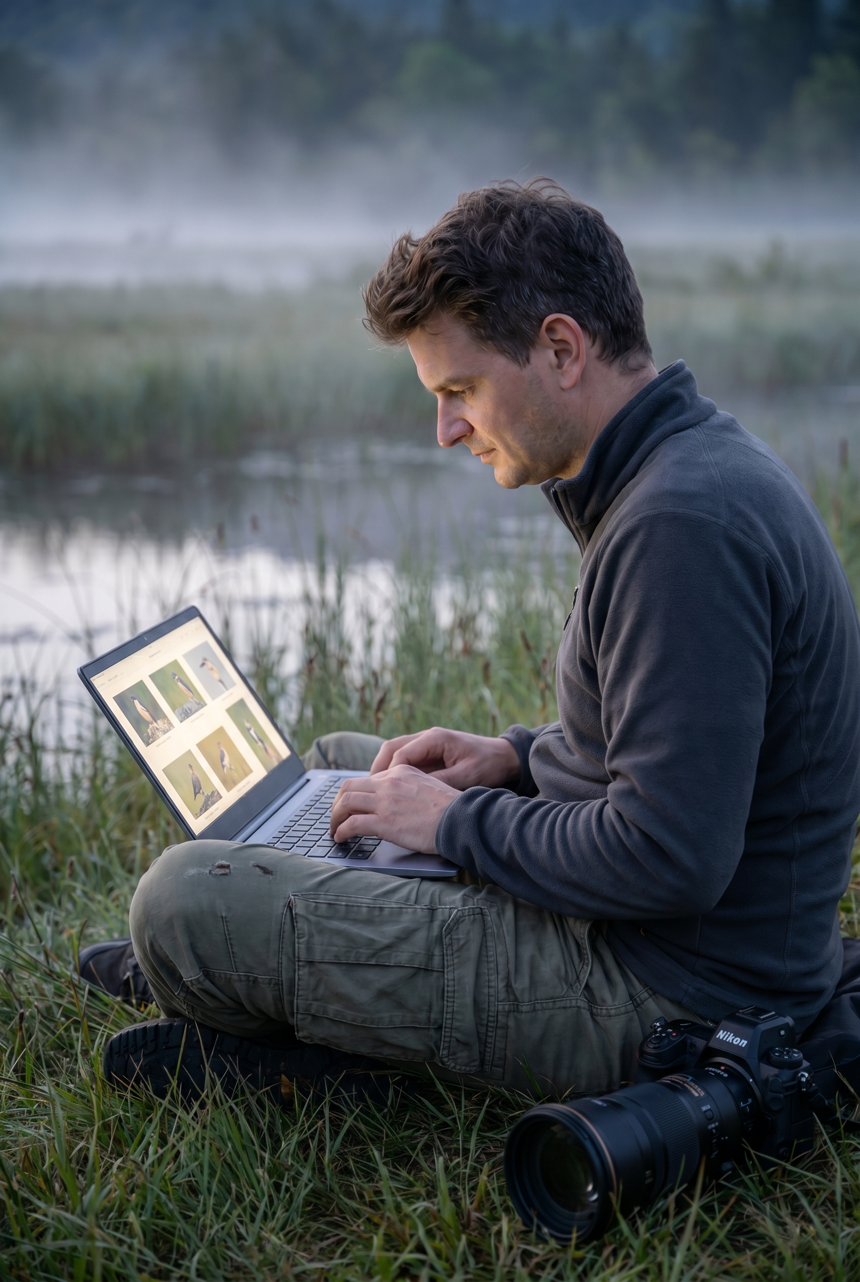 Photographe animalier assis dans une prairie humide au crépuscule, utilisant un ordinateur portable pour trier ses photos d'oiseaux, illustrant le choix entre Lightroom et Lightroom Classic.