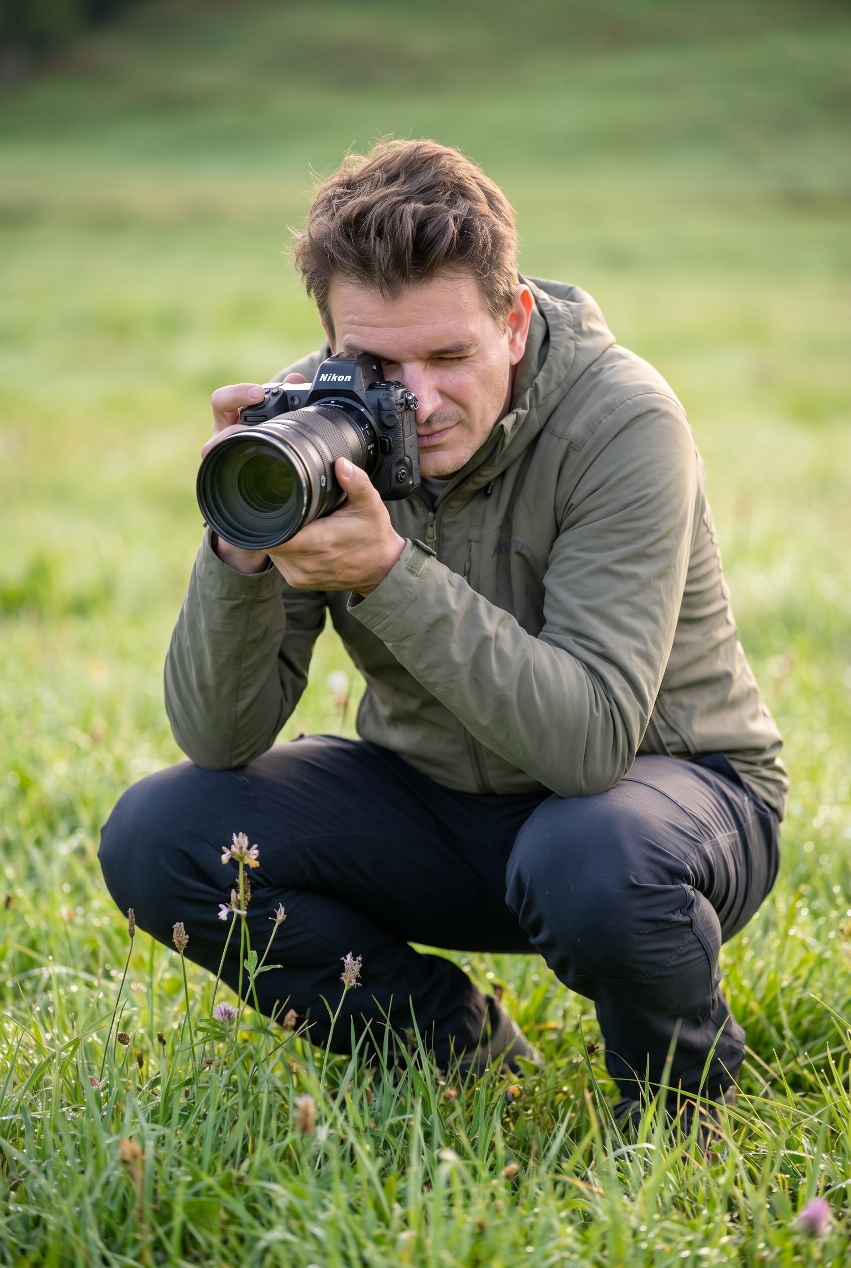Photographe naturaliste accroupi dans une prairie utilisant une bonnette macro sur son téléobjectif pour photographier une fleur sauvage.