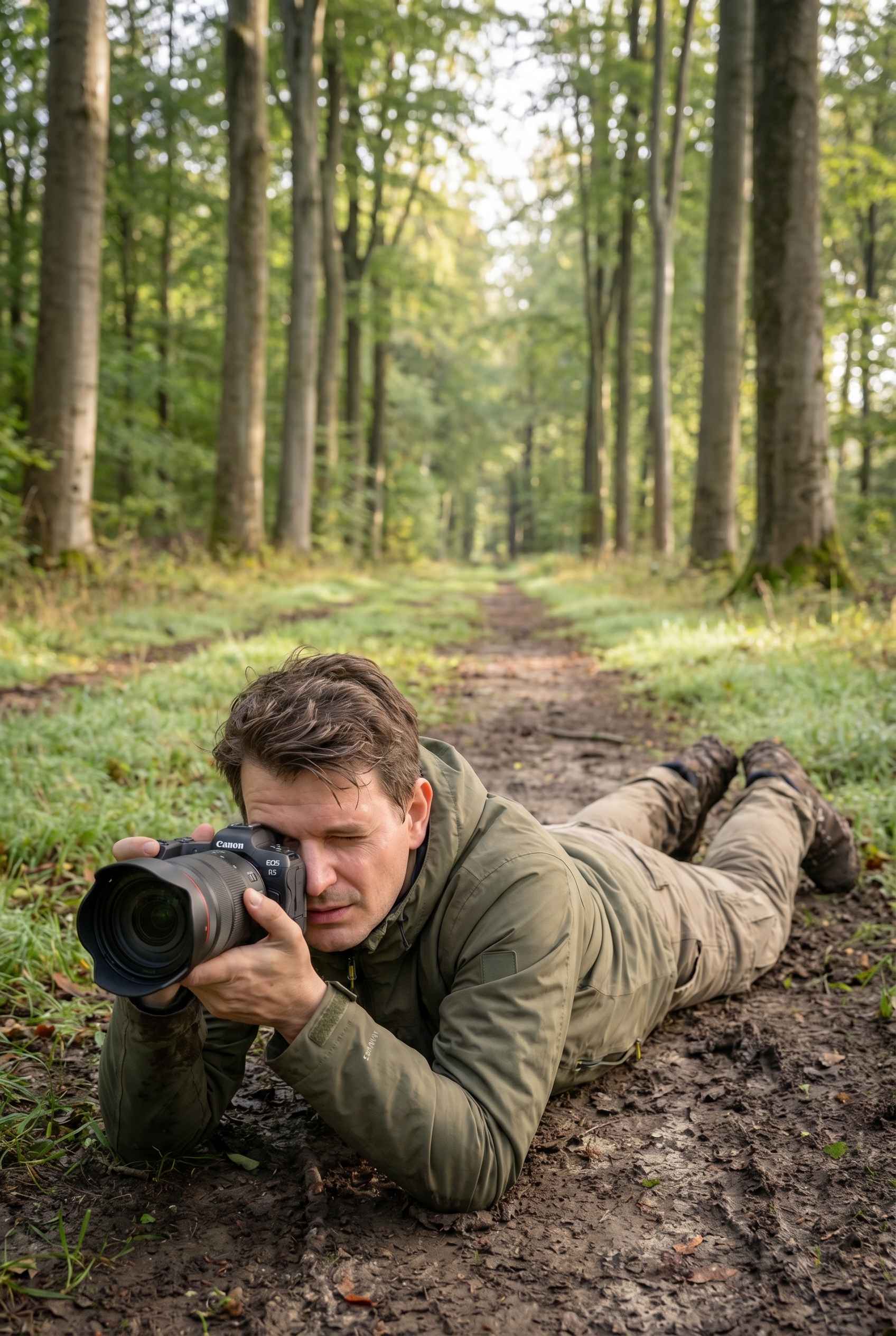 Un photographe naturaliste allongé au sol utilise les lignes directrices d'un sentier forestier pour créer de la profondeur dans sa composition.