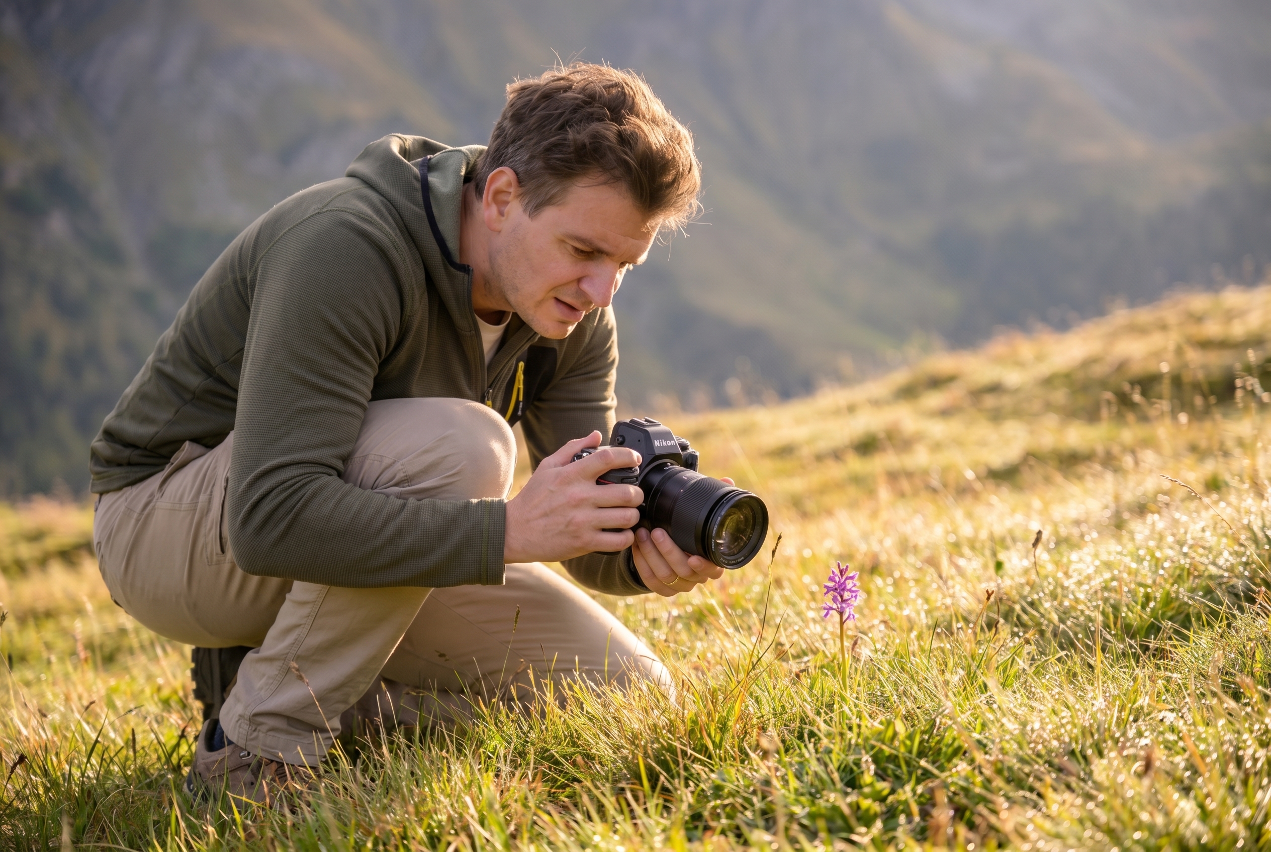 Un photographe naturaliste accroupi dans une prairie utilisant une bonnette macro sur son objectif pour photographier une petite fleur de près.