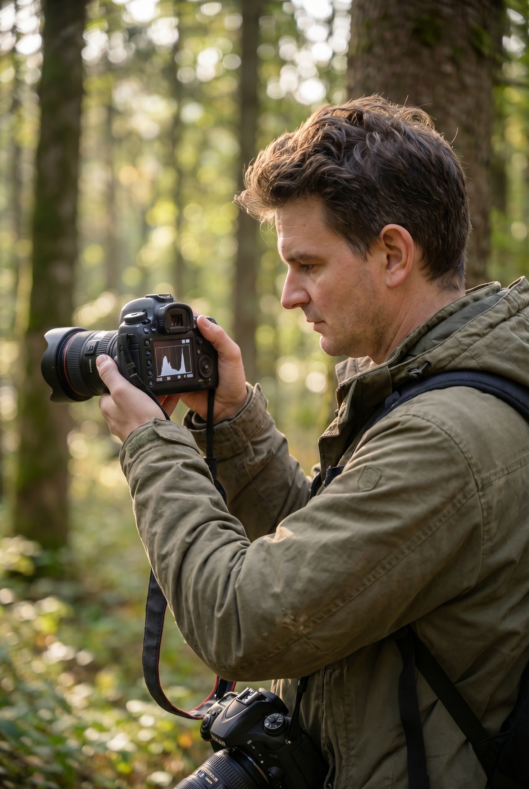 Correction d’exposition : comment l’utiliser et être créatif 33 Photographe naturaliste analysant l'histogramme sur son écran LCD pour ajuster la correction d'exposition en forêt.