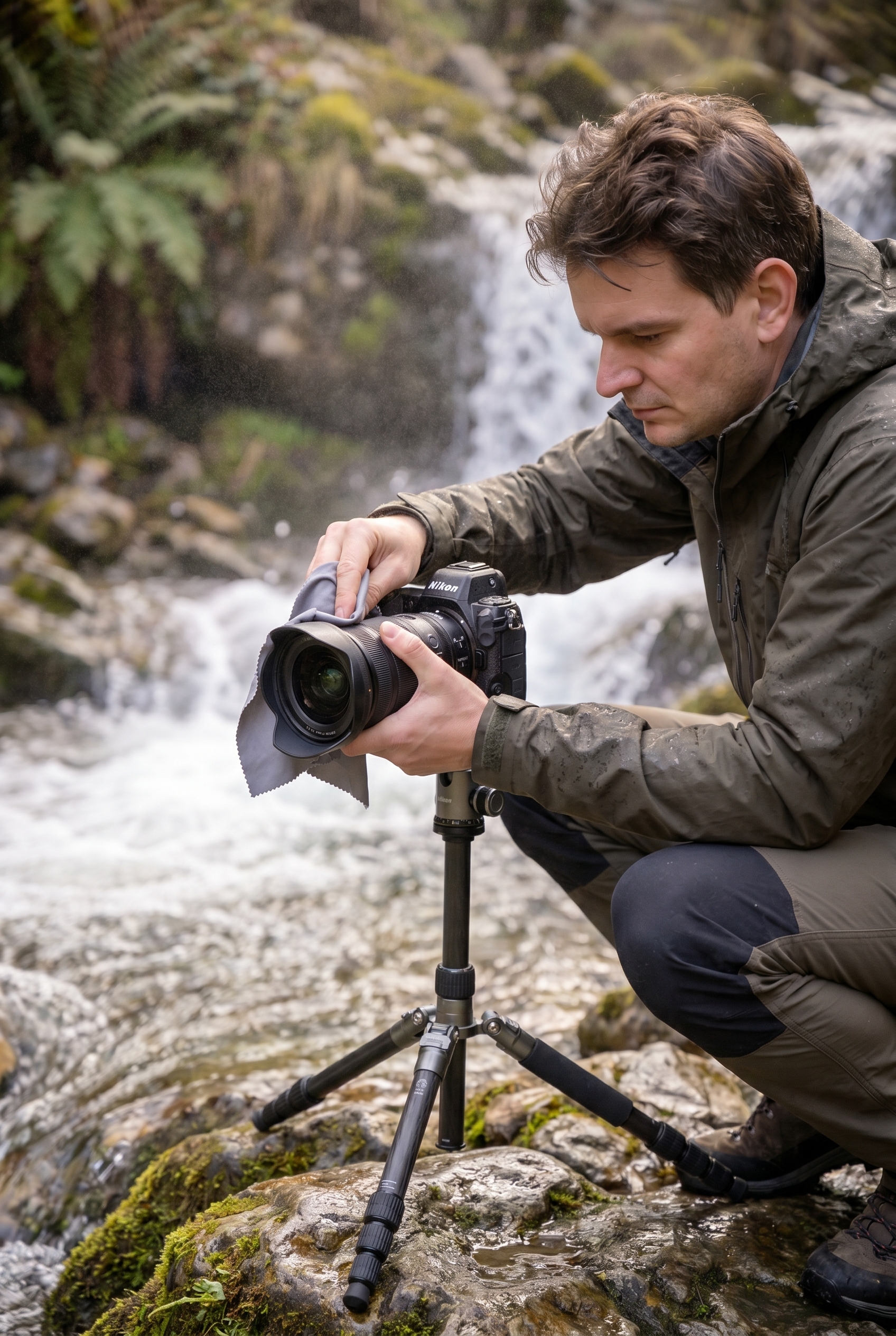 Photographe naturaliste nettoyant son objectif grand-angle sur trépied pour photographier une cascade avec un effet d'eau soyeuse.