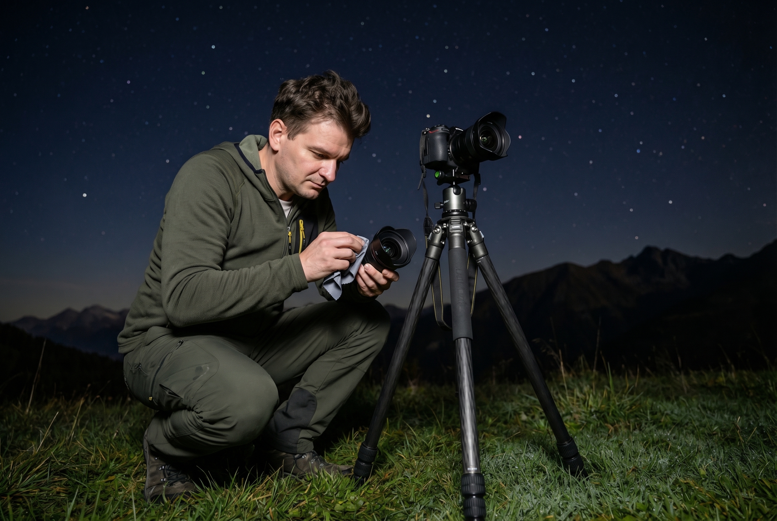 Un photographe de nature accroupi nettoyant son objectif grand-angle sur un trépied sous un ciel étoilé pour photographier la voie lactée.