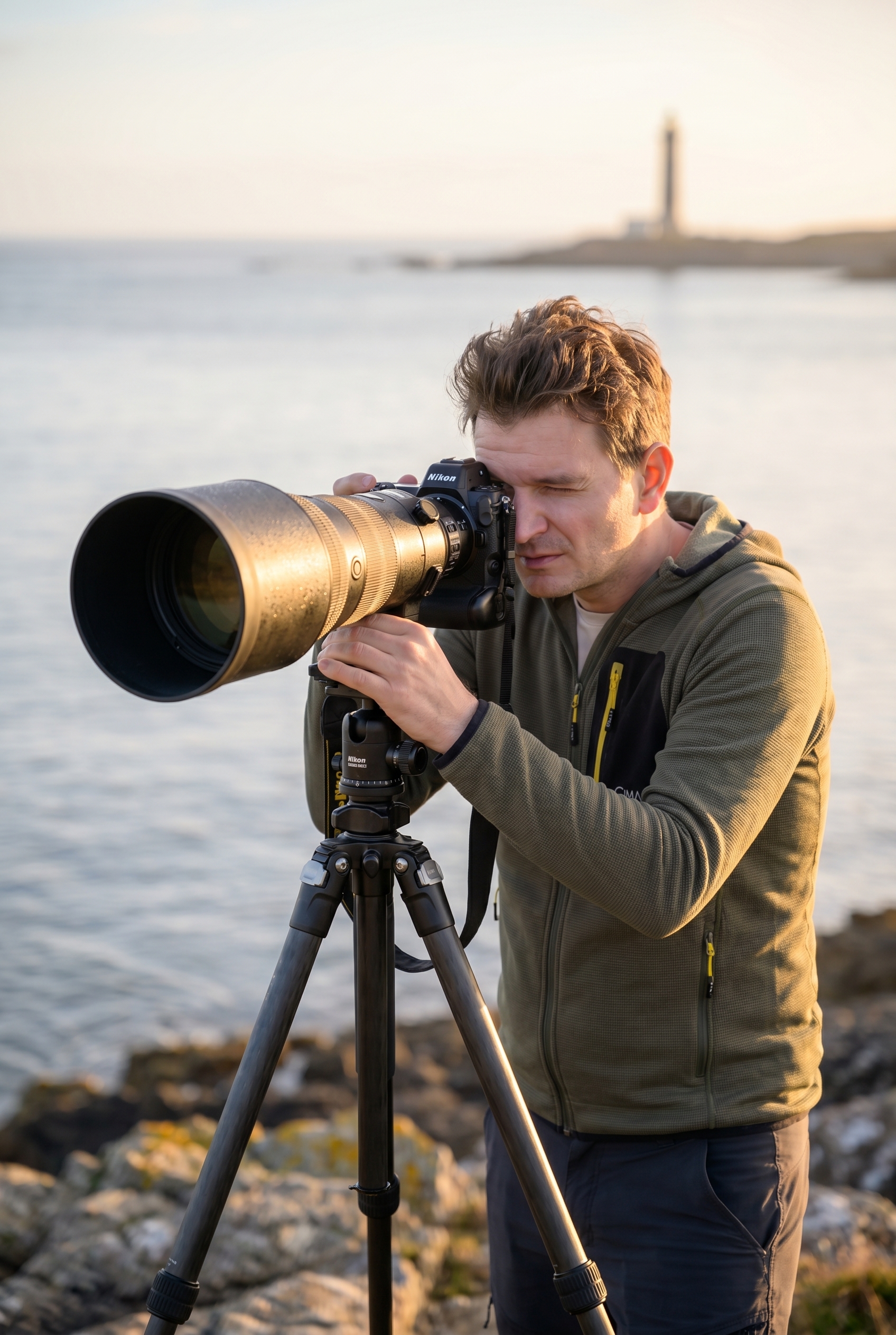 Photographe professionnel avec trépied et téléobjectif en train de photographier la mer sur une côte rocheuse à l'heure dorée.
