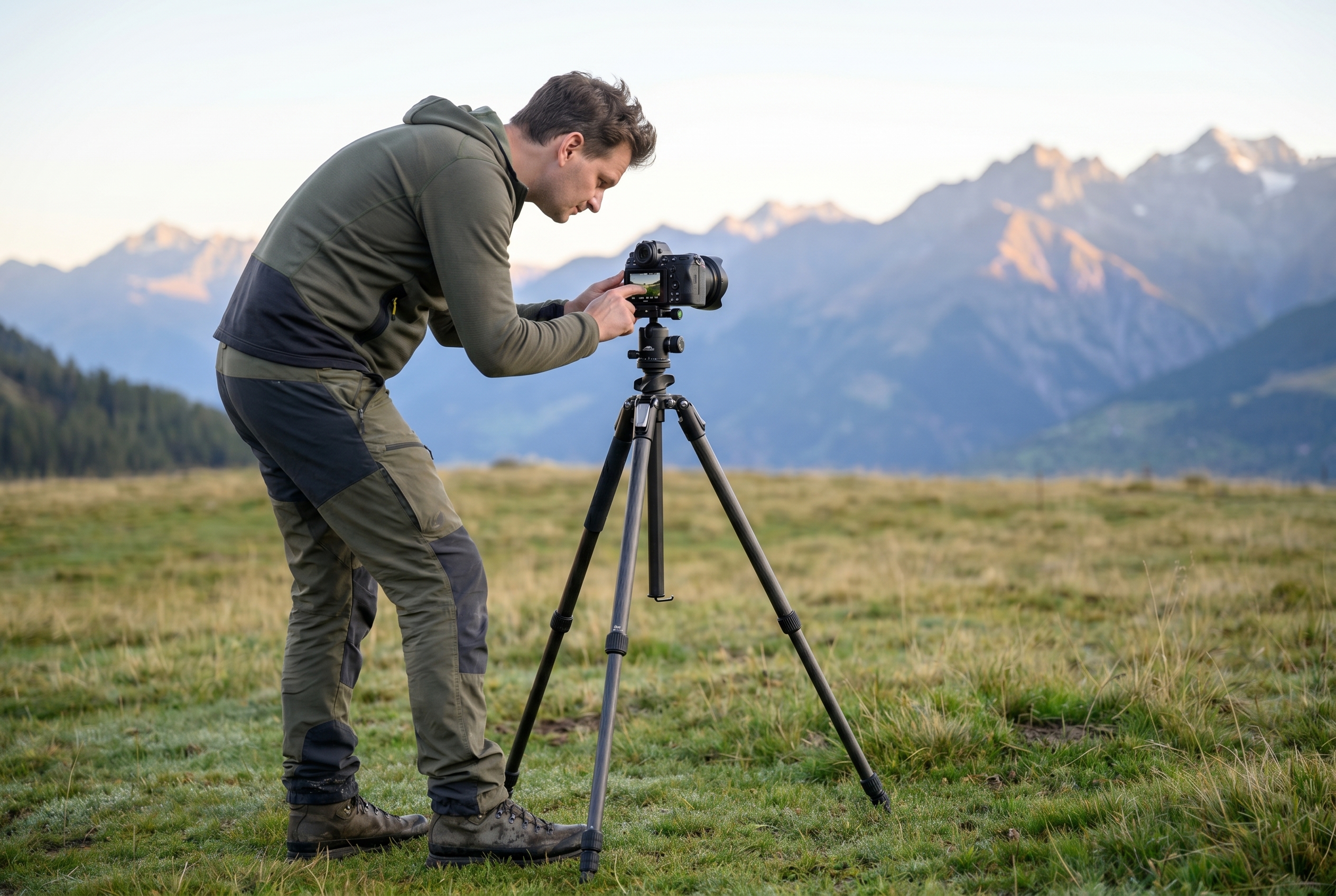 Comment photographier des paysages : le guide complet 28 Photographe vérifiant les réglages de son appareil sur un trépied pour photographier des paysages de montagne à l'aube.