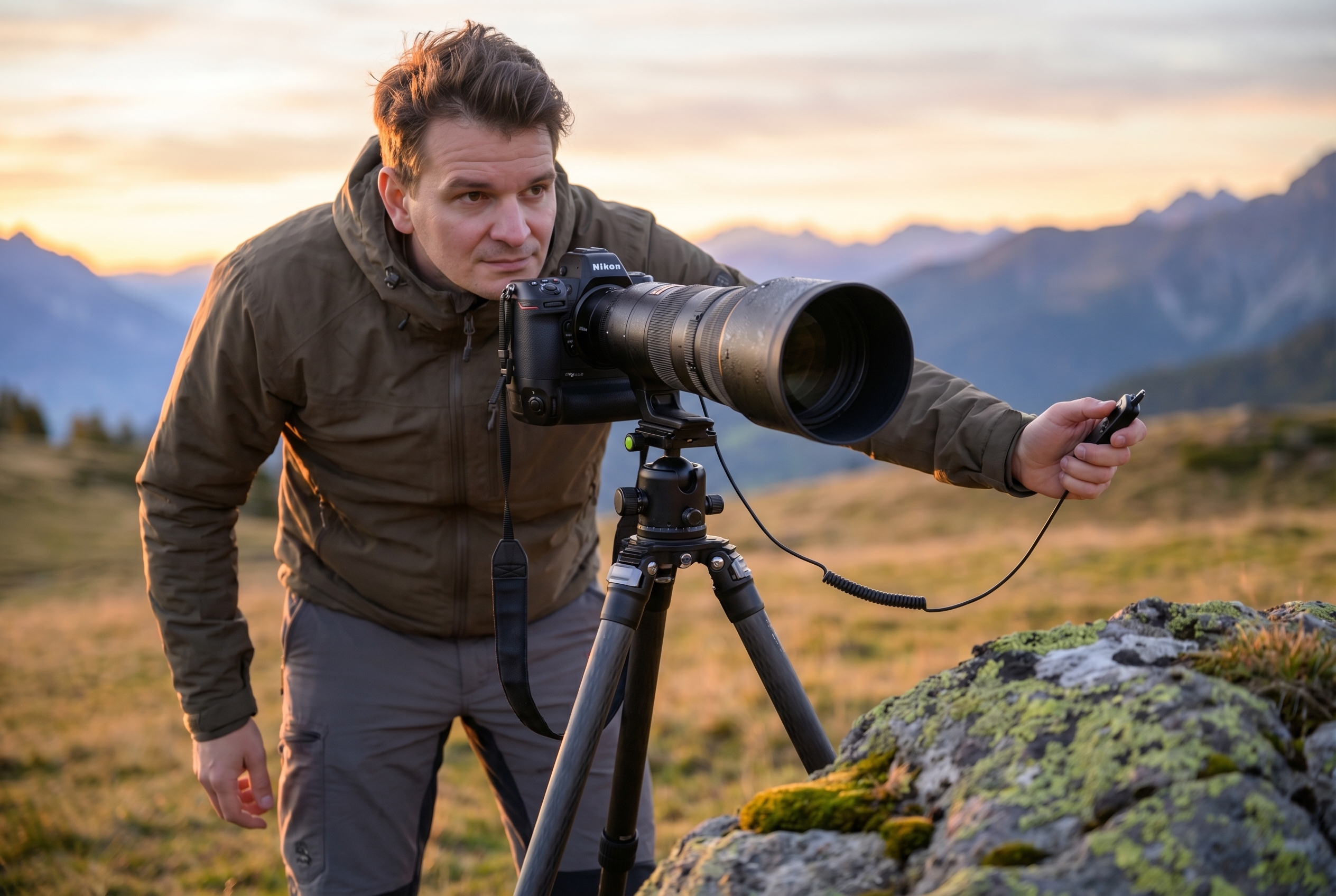Le focus stacking : comment avoir des photos 100% nettes 17 Un photographe naturaliste utilise un trépied et une télécommande filaire pour réaliser un focus stacking précis sur un rocher moussu à l'aube.