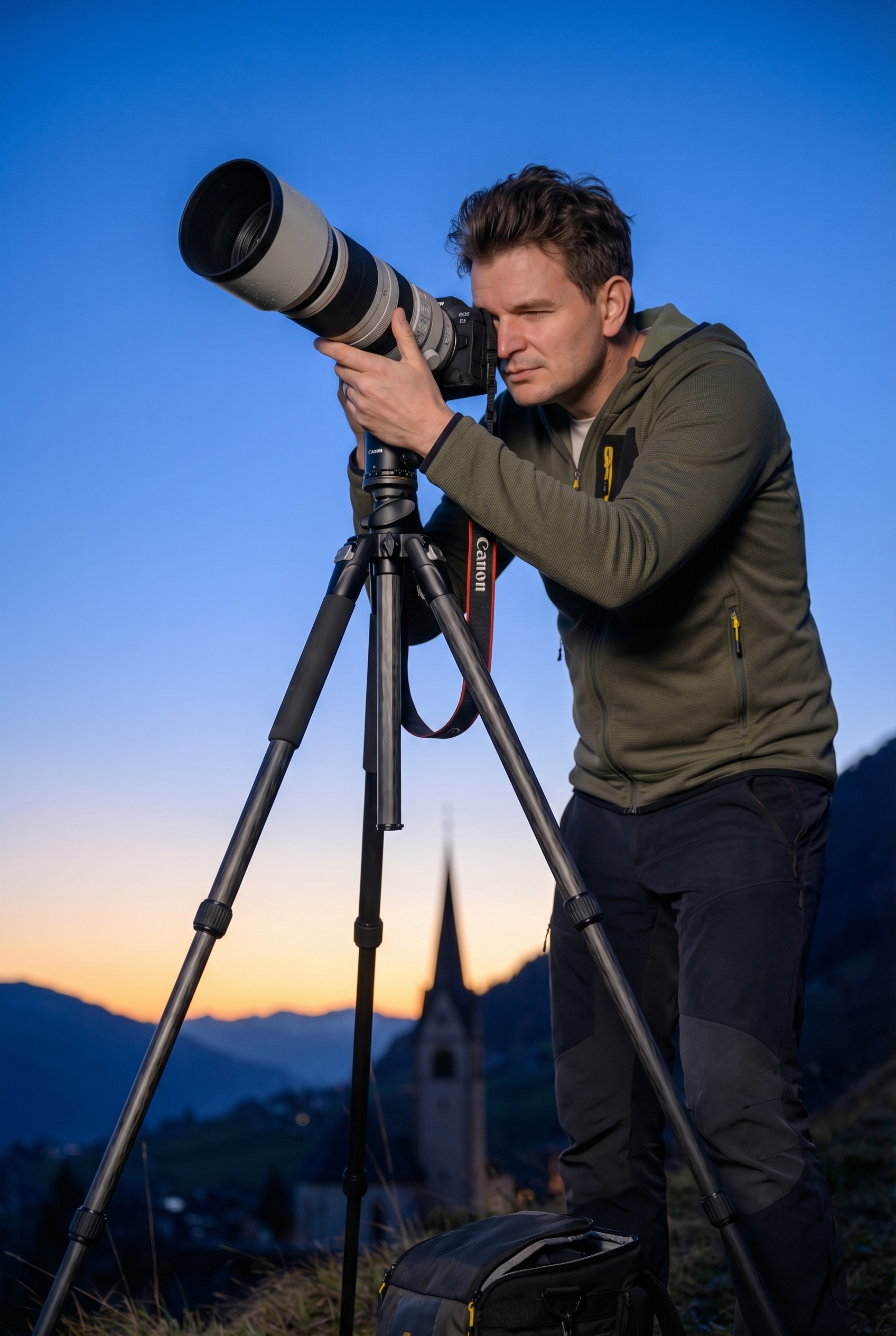 Photographe avec trépied et téléobjectif en extérieur expliquant comment photographier la lune avec netteté.