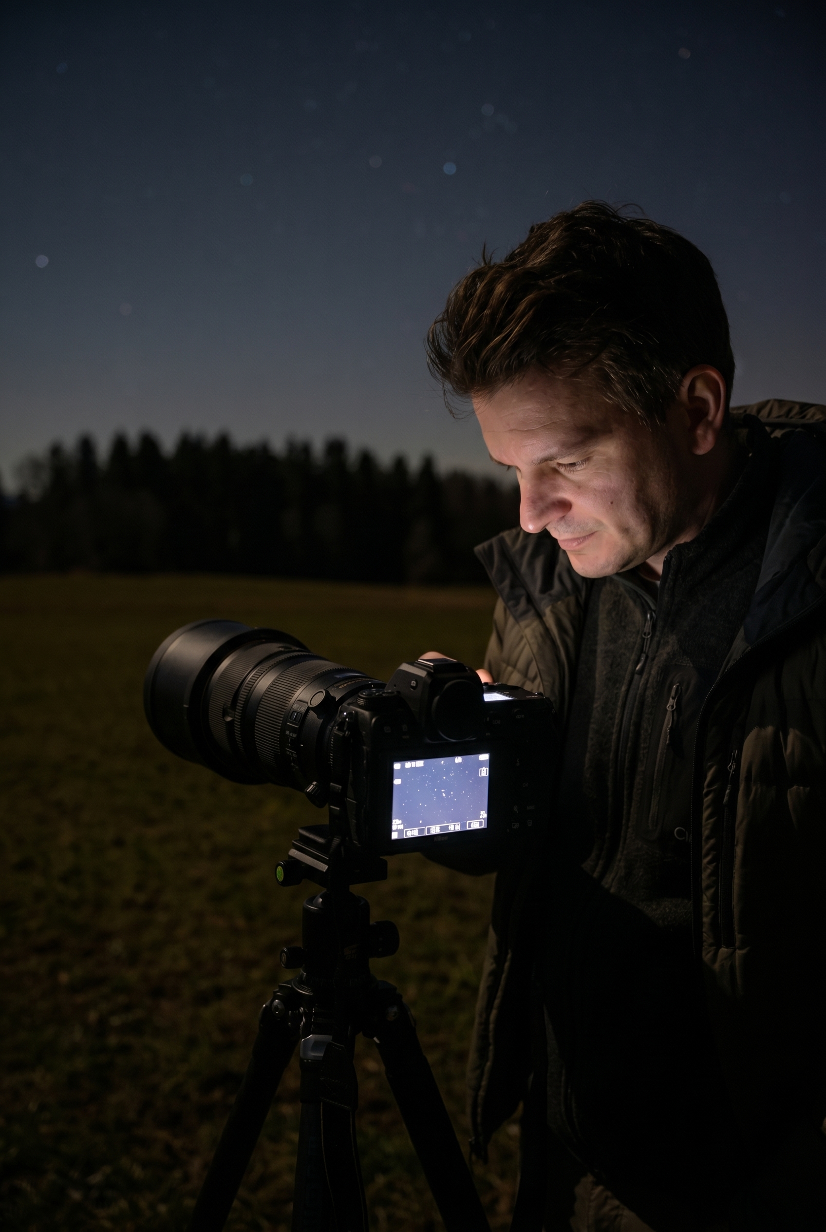Photographe naturaliste réglant son appareil photo sur un trépied de nuit pour capturer une photo circumpolaire.
