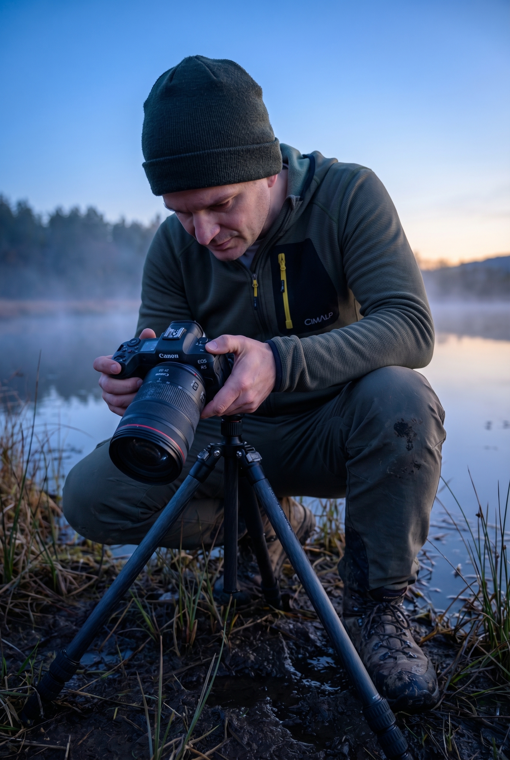 Golden-hour : comment (bien) la photographier 29 Photographe de nature accroupi près d'un étang brumeux, réglant son Canon EOS R5 sur trépied pour capturer la lumière de l'heure dorée.