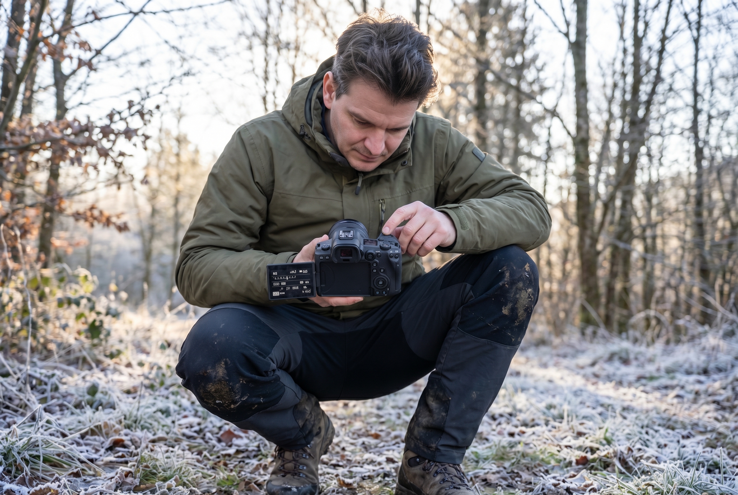 Correction d’exposition : comment l’utiliser et être créatif 18 Photographe naturaliste réglant la correction d'exposition à +0,7 EV sur son appareil photo dans une forêt en hiver.