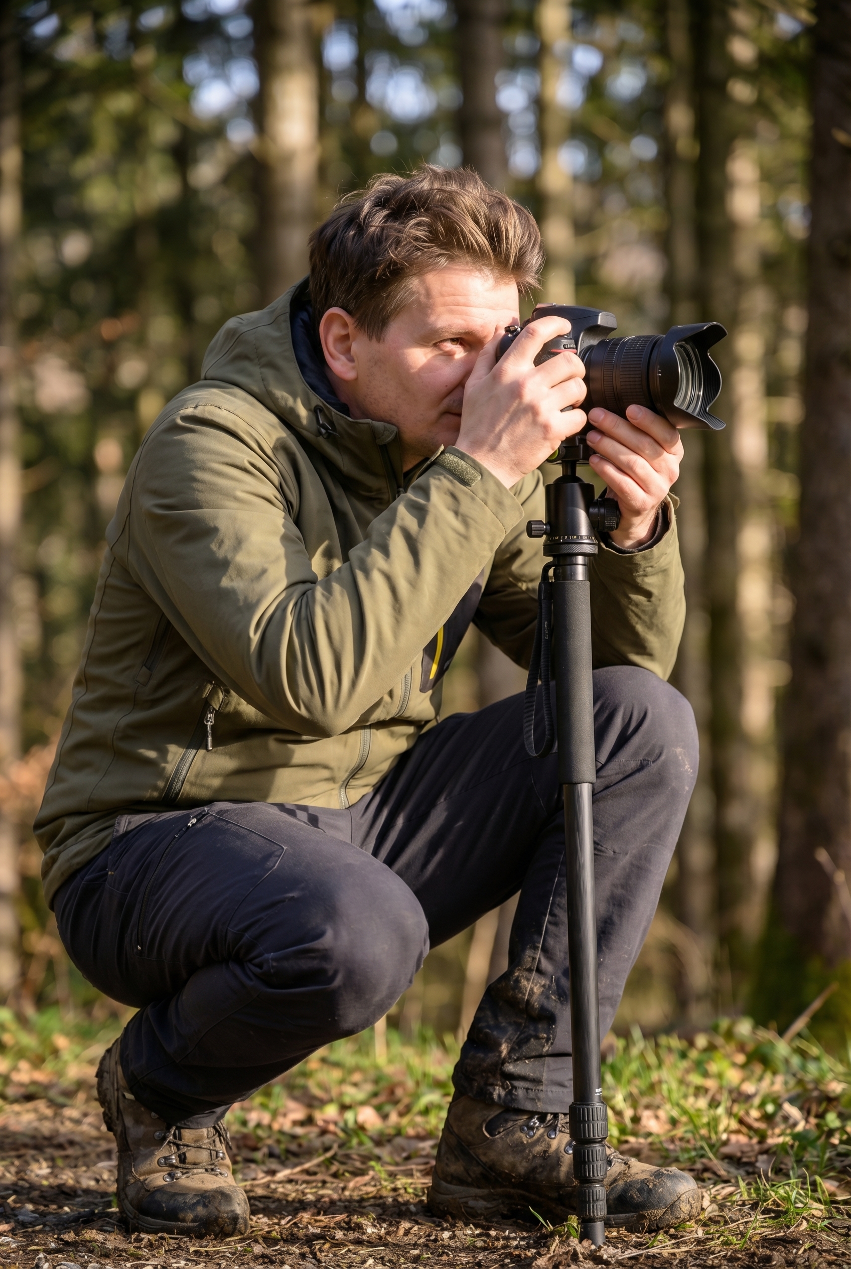 Correction d’exposition : comment l’utiliser et être créatif 22 Photographe naturaliste utilisant le bouton de correction d'exposition +/- sur son appareil photo reflex en forêt.