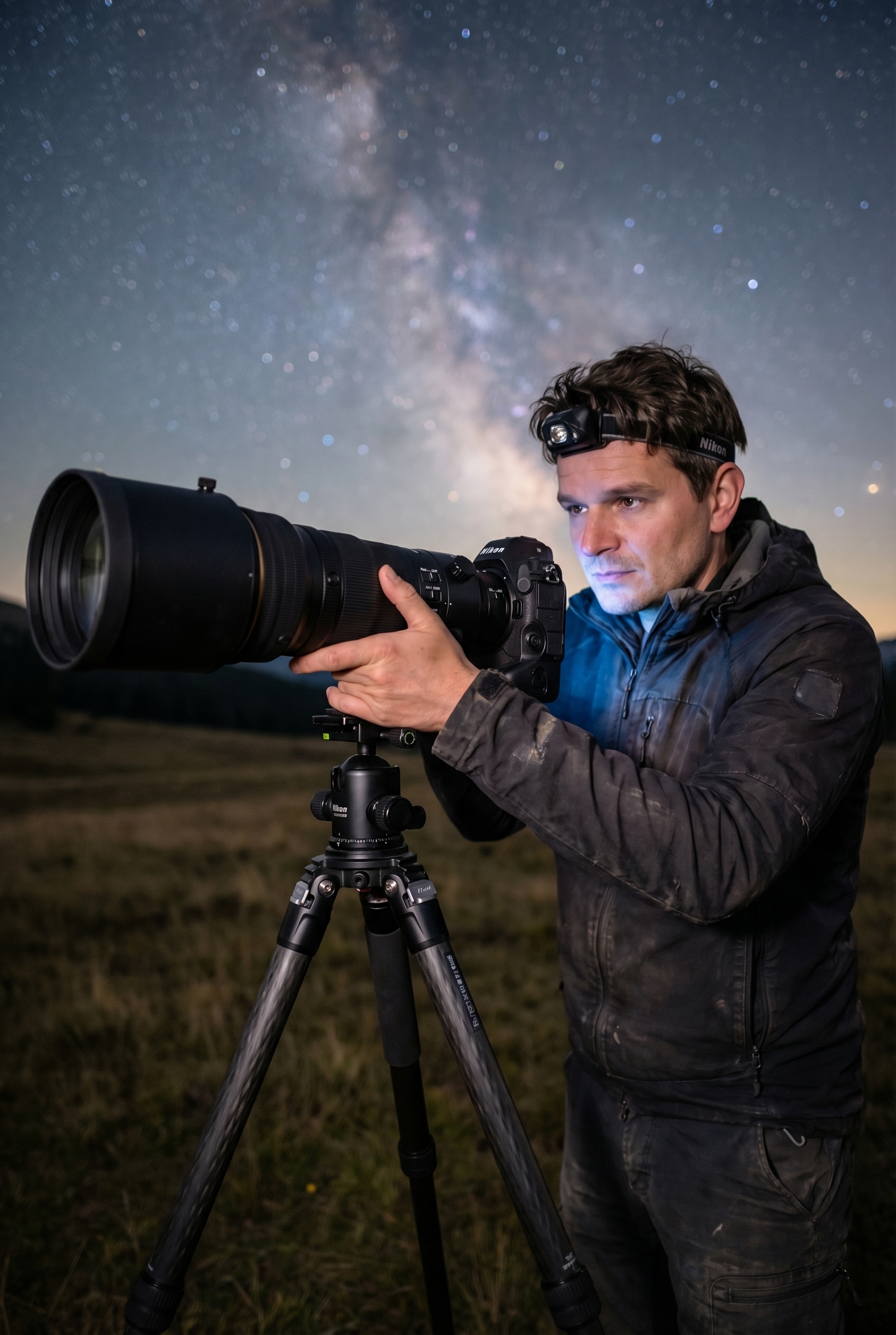 Photographe de nature réglant le commutateur AF/MF de son objectif sur trépied pour photographier la Voie lactée de nuit.