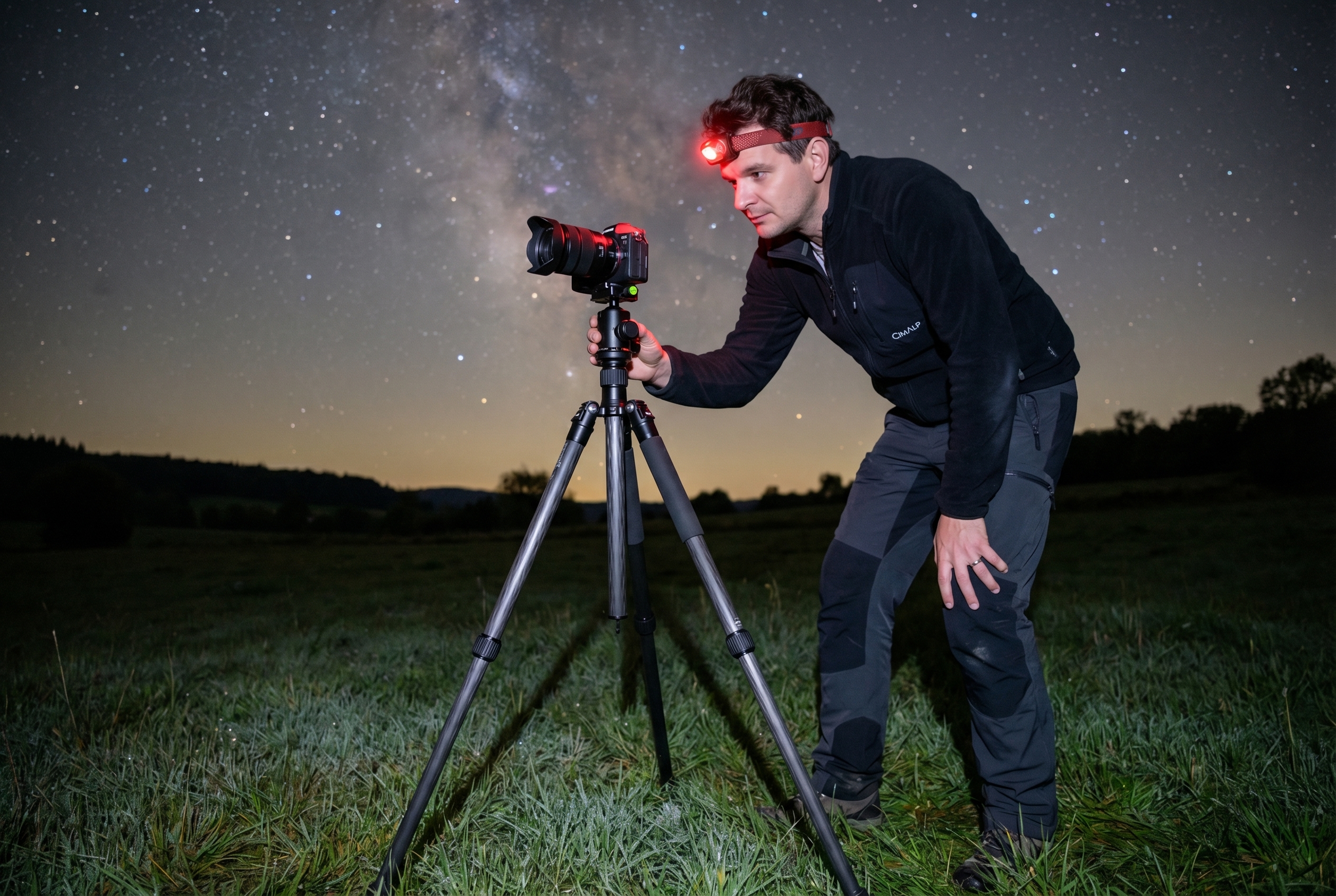 Photographe de nature ajustant son trépied et son appareil photo sous un ciel étoilé pour photographier la Voie lactée