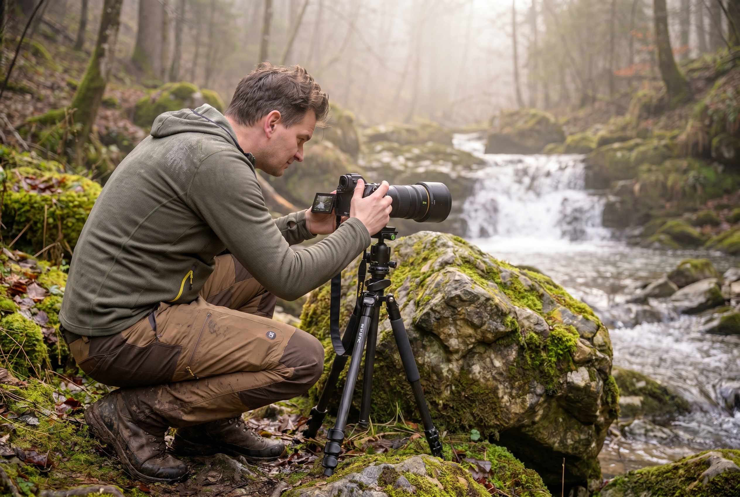 Photographe naturaliste installant son trépied au bord d'un ruisseau pour photographier une cascade avec un effet d'eau soyeuse.