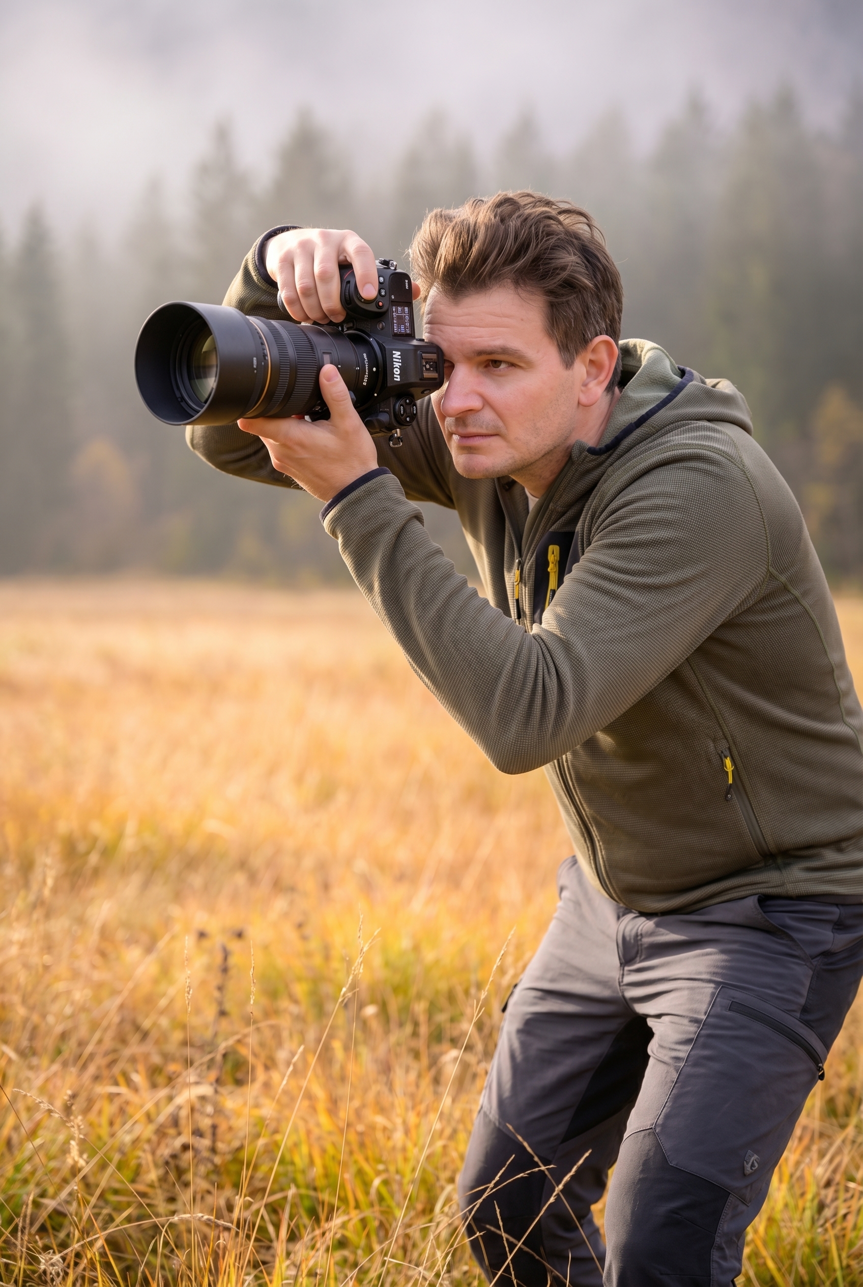 Un photographe de nature utilise la grille de la règle des tiers sur l'écran de son appareil photo dans une prairie d'automne.
