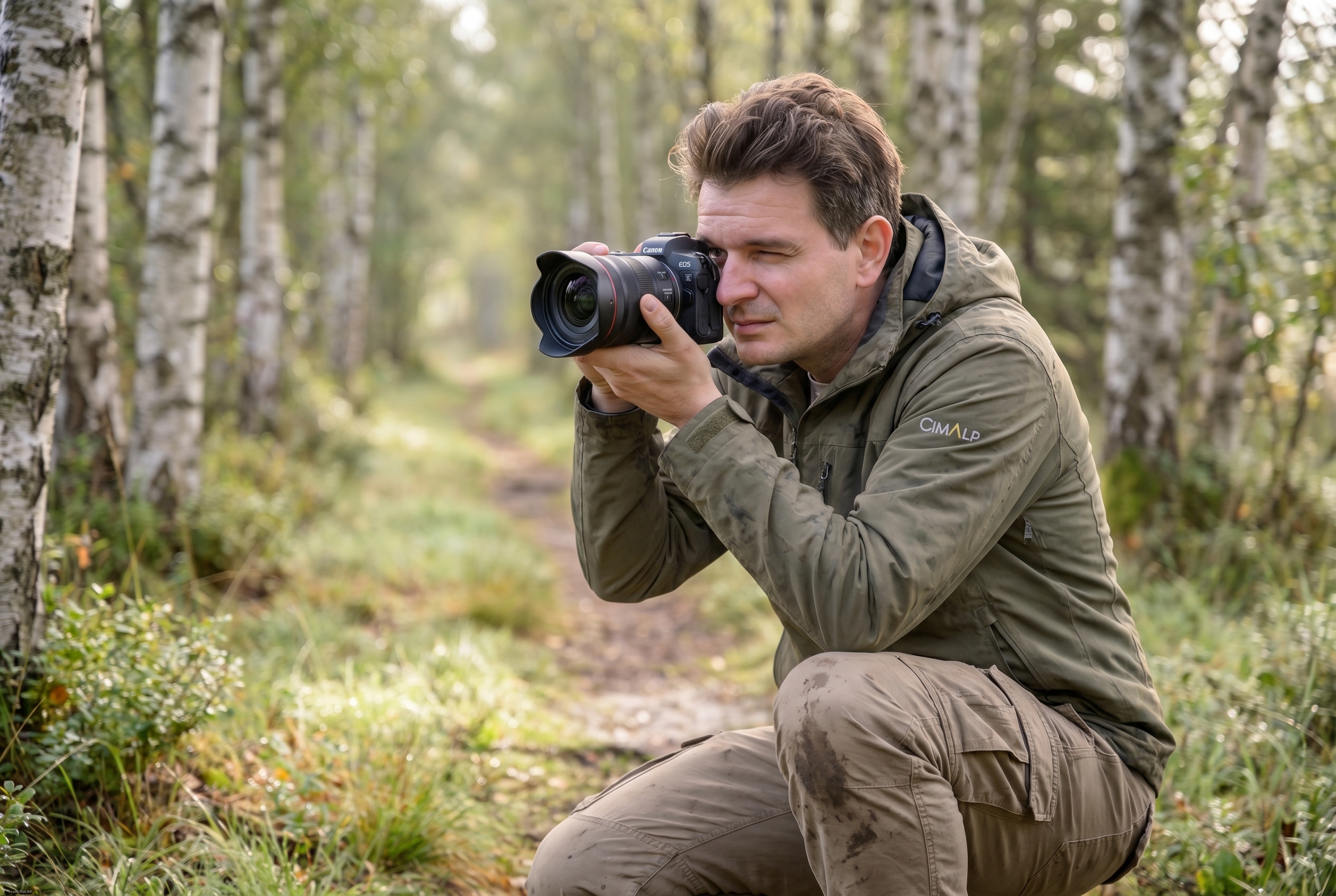 Photographe de nature accroupi sur un sentier de bouleaux utilisant les lignes directrices du chemin pour créer de la profondeur avec un objectif grand-angle.