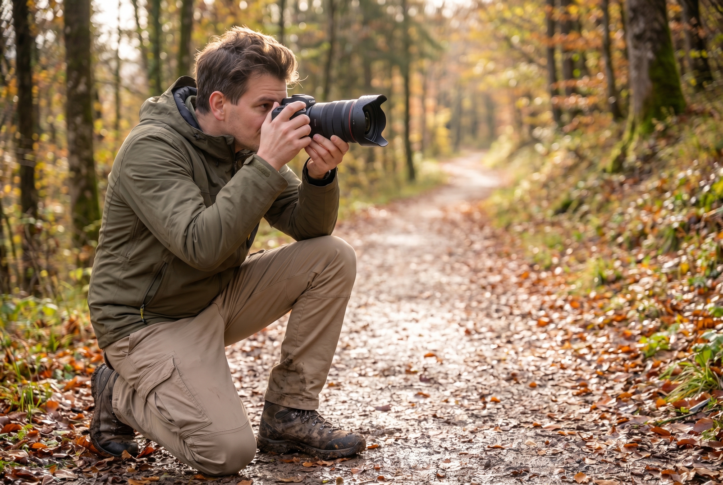 Photographe naturaliste accroupi au ras du sol pour capturer les lignes directrices d'un sentier en forêt avec un objectif grand-angle.
