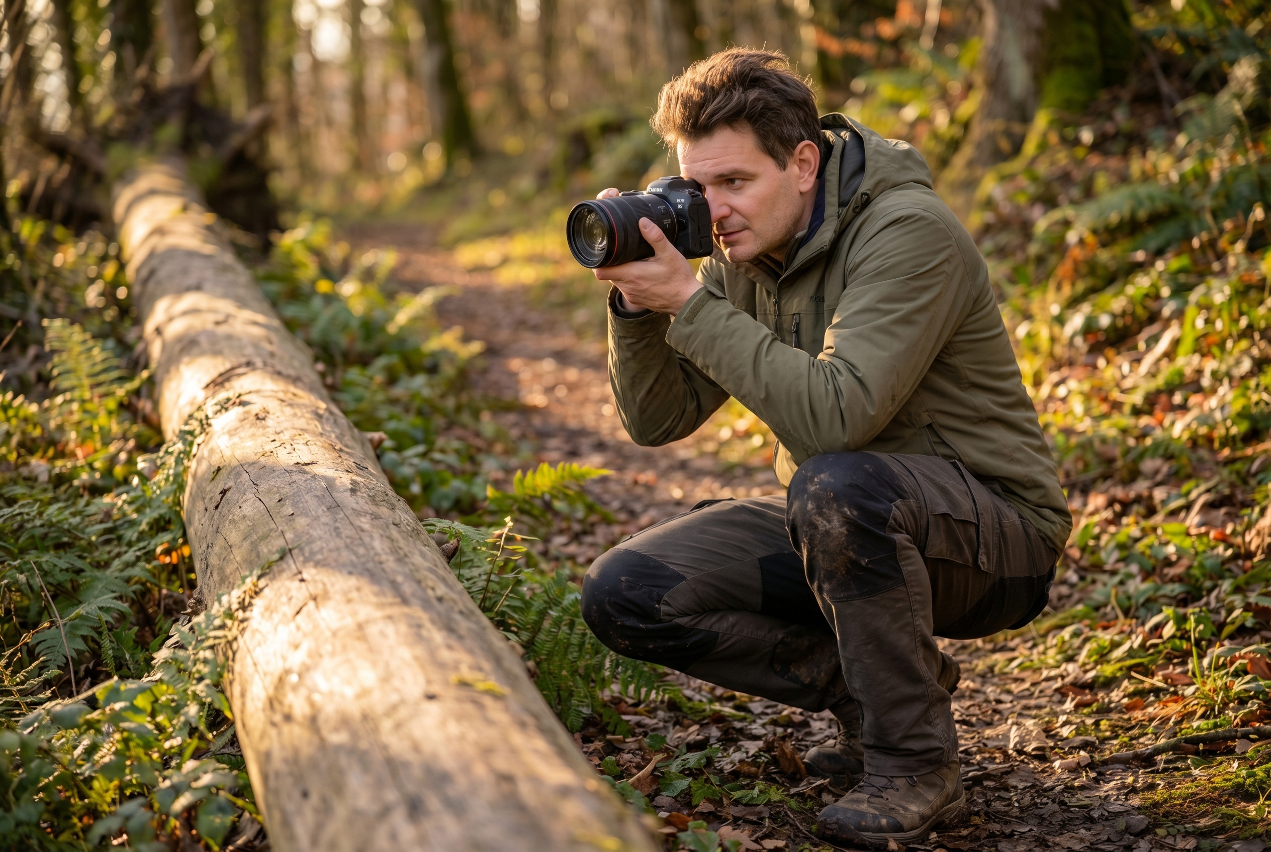 Photographe de nature accroupi utilisant un tronc d'arbre en diagonale comme ligne directrice pour créer de la profondeur de champ