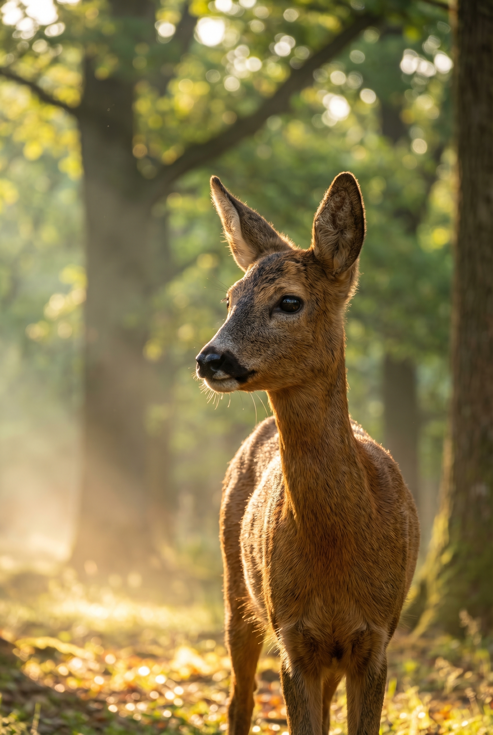 Gros plan d'un chevreuil dans une forêt brumeuse à l'aube, illustrant la maîtrise technique requise pour devenir photographe professionnel.