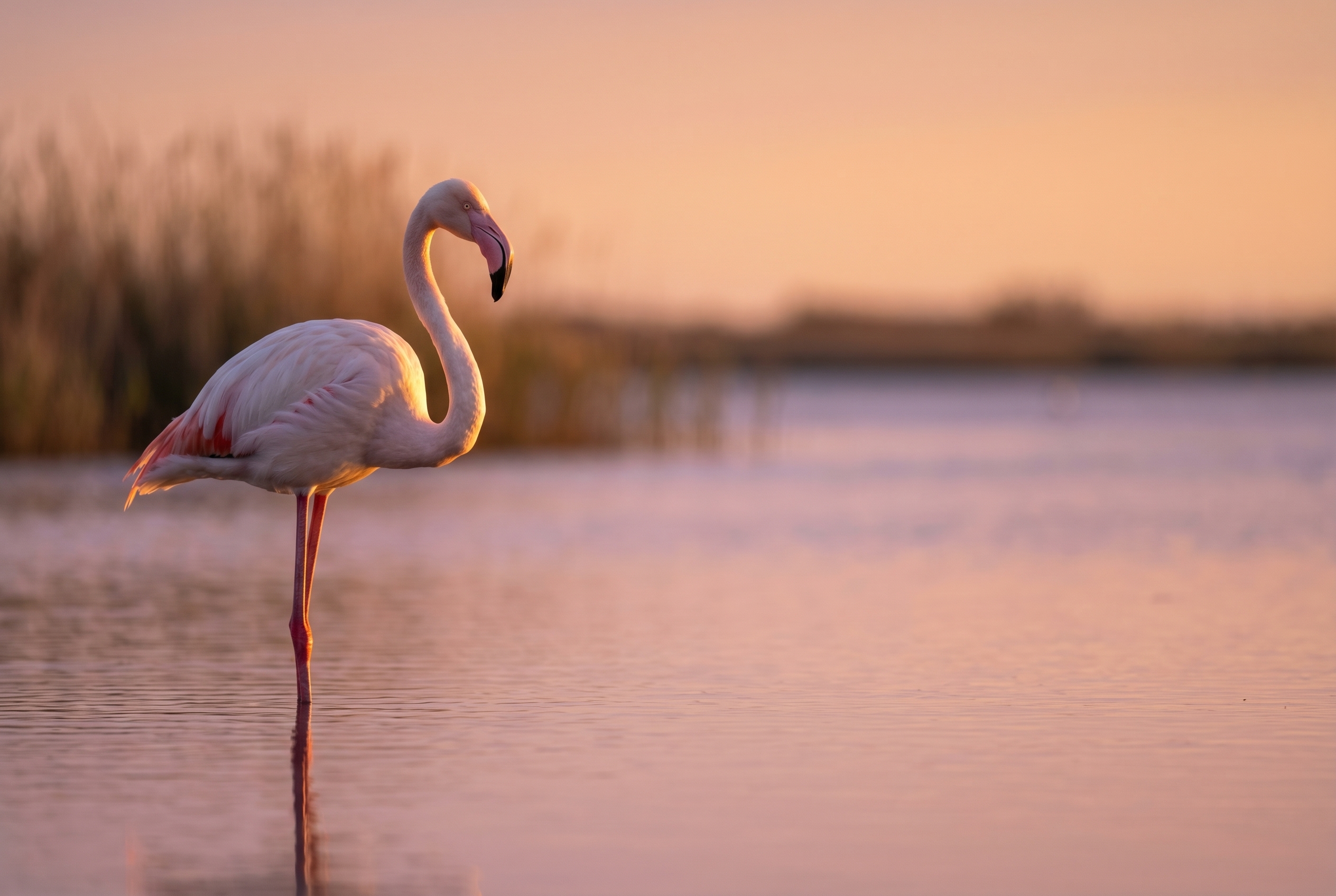 Un flamant rose élégant debout dans une lagune de Camargue à l'heure dorée, illustrant l'art de photographier la nature.