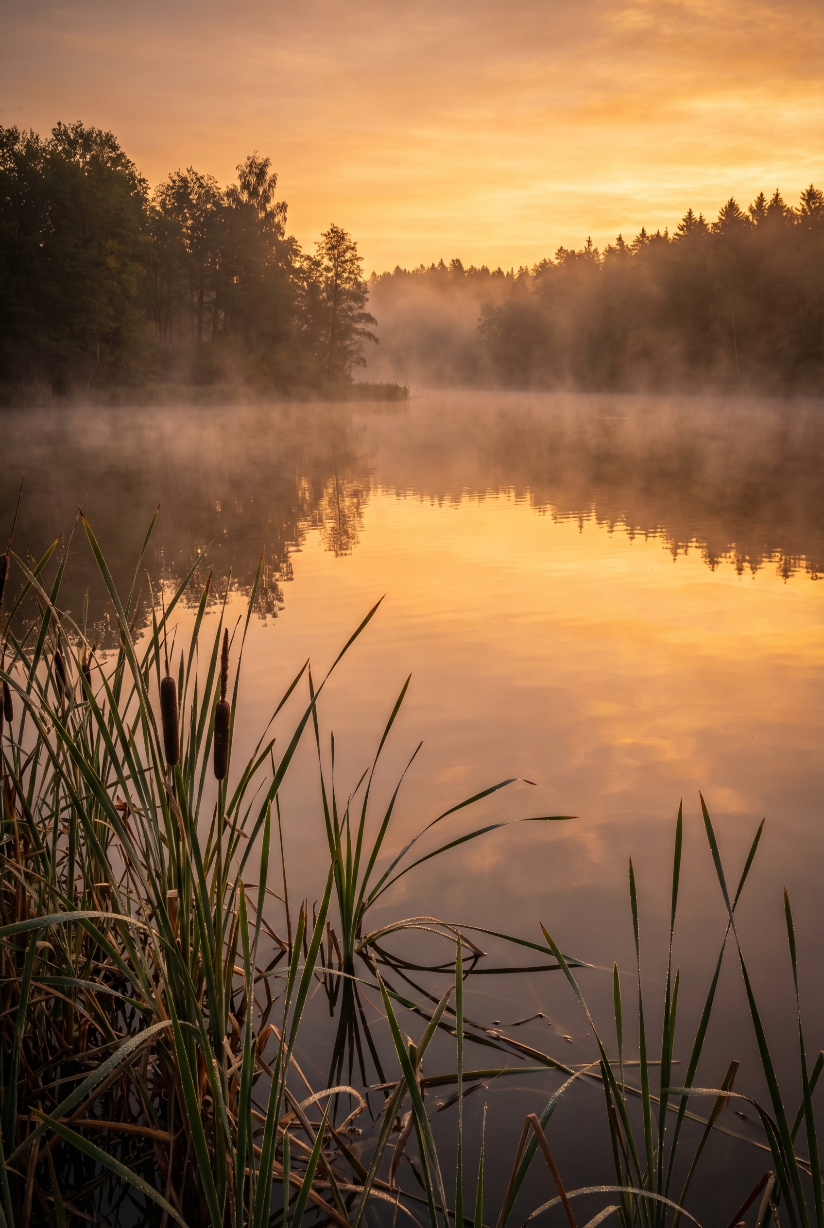 Golden-hour : comment (bien) la photographier 21 Paysage de lac brumeux à l'heure dorée avec reflets dorés sur l'eau, roseaux au premier plan et brume atmosphérique naturelle.